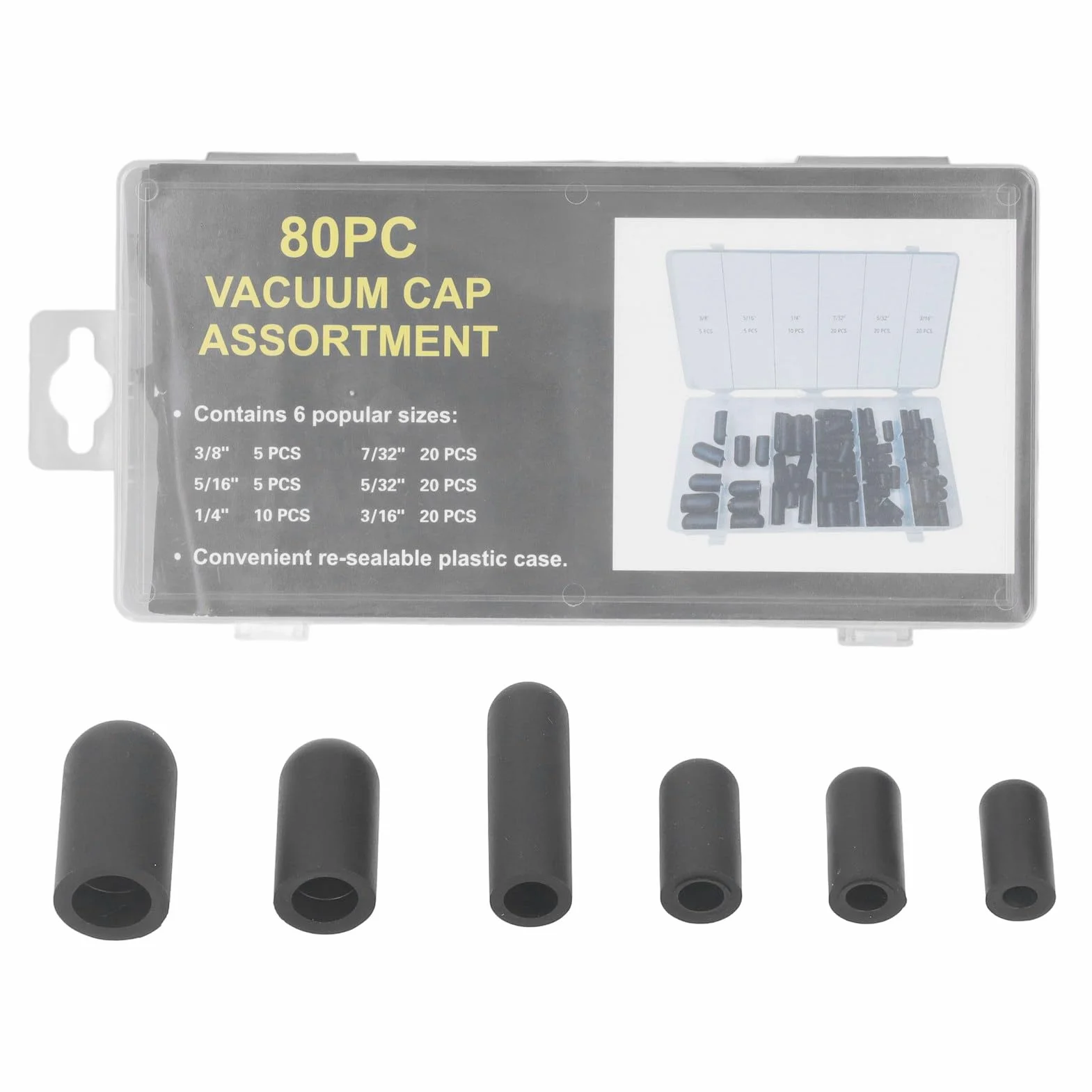 Kit de Tapones de Vacío 80 Uds., 5/32" a 3/8", Resistente a Altas Temperaturas, Goma, Negro