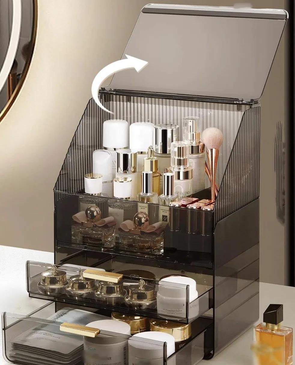 Caja organizadora de maquillaje, vitrinas acrílicas para cosméticos con 2 cajones y caja de almacenamiento de gran capacidad para el cuidado de la piel, organizadores de maquillaje y almacenamiento