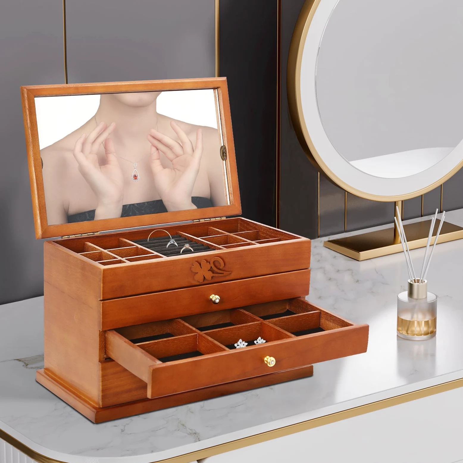 Joyero de 4 Niveles, Organizador de Madera para Joyas para Mujeres, joyero de Madera con Cerradura y Espejo, cajones extraíbles para Joyas, Relojes, Collares, Anillos, Caja de Almacenamiento