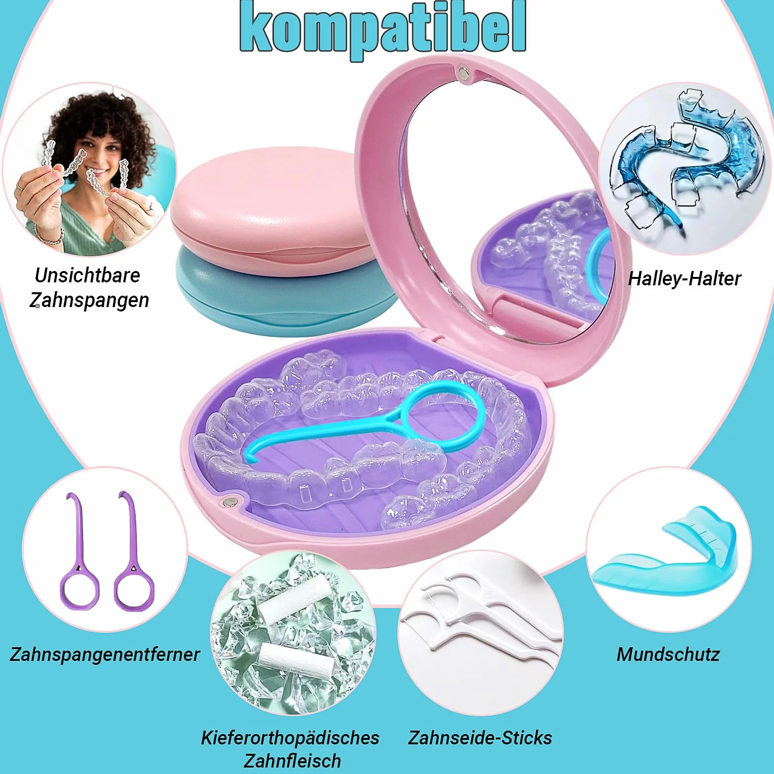 Caja de Dentaduras Portátil con Espejo 2 PC para Retenedores Soportes Protectores Bucales Azul y Rosa