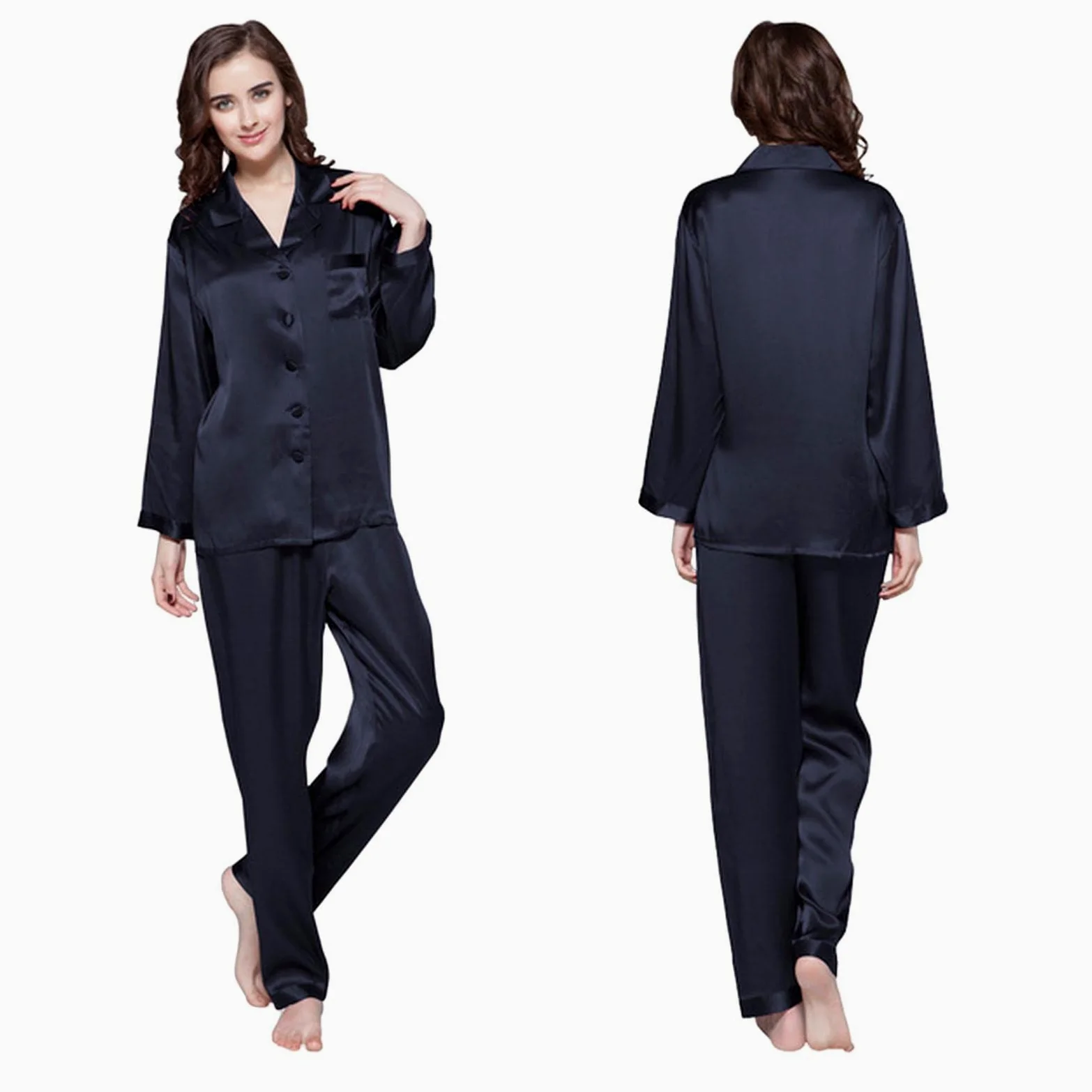 MOGSA Conjunto de pijama de seda para mujer, 2 piezas, con botones delanteros, pantalones para el hogar, trajes para mujer