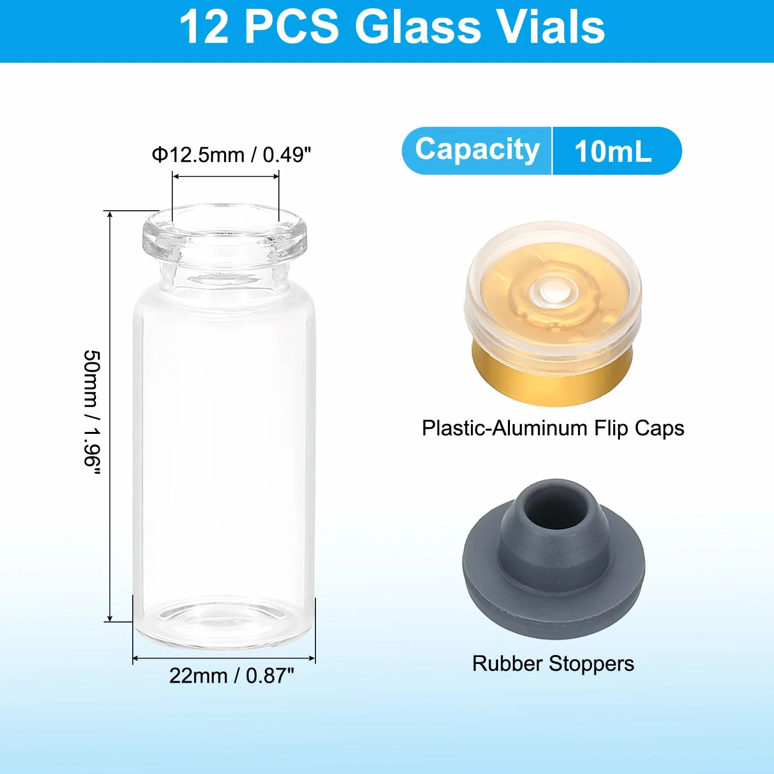 PATIKIL 12 Piezas Viales Muestra Vidrio Borosilicato Transparente 10 ml Tapa Aluminio Plástico Tapón Goma Almacenamiento Sólidos