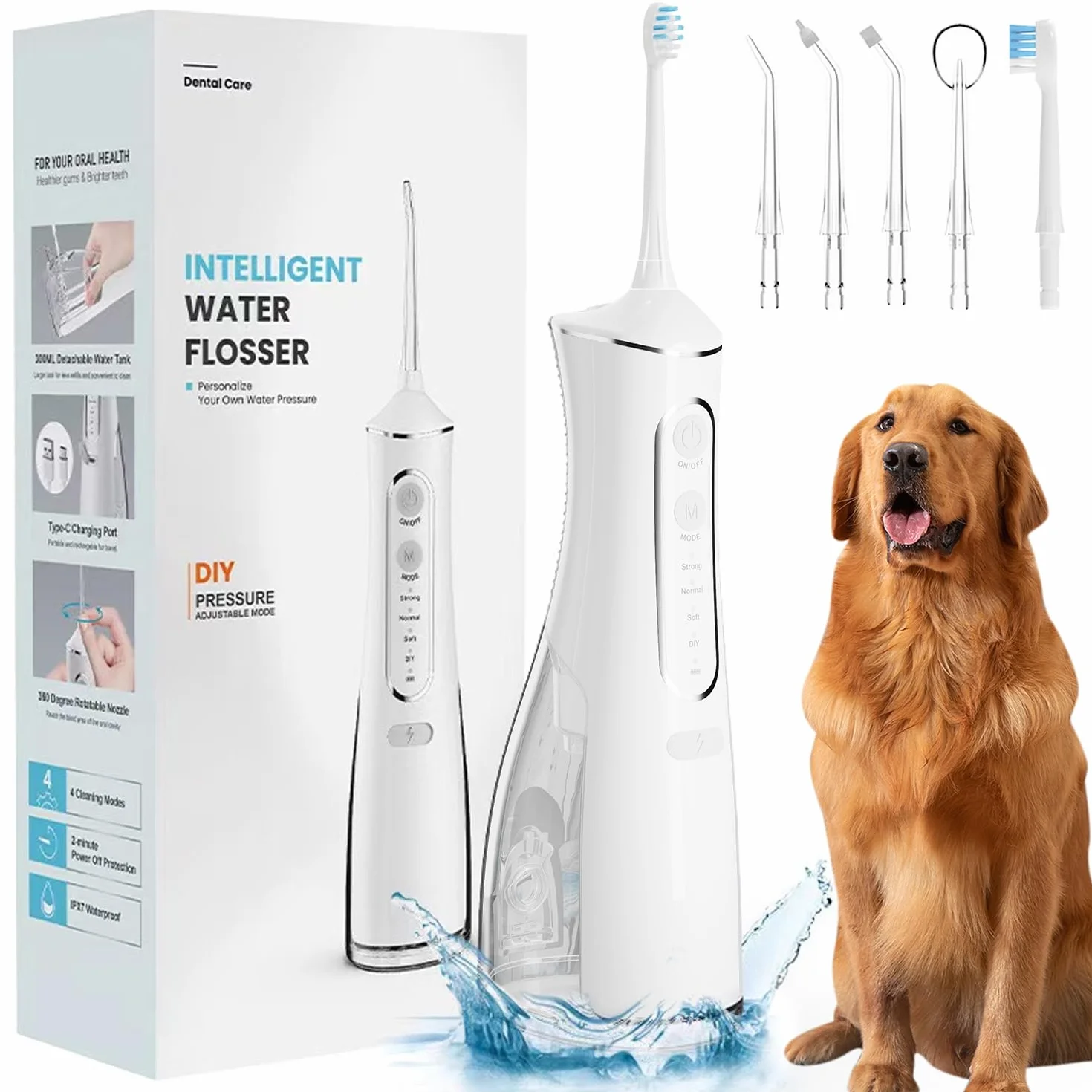 Irrigador Dental para Mascotas IPX7 300 ml 6 Boquillas 4 Modos Limpiador Eléctrico