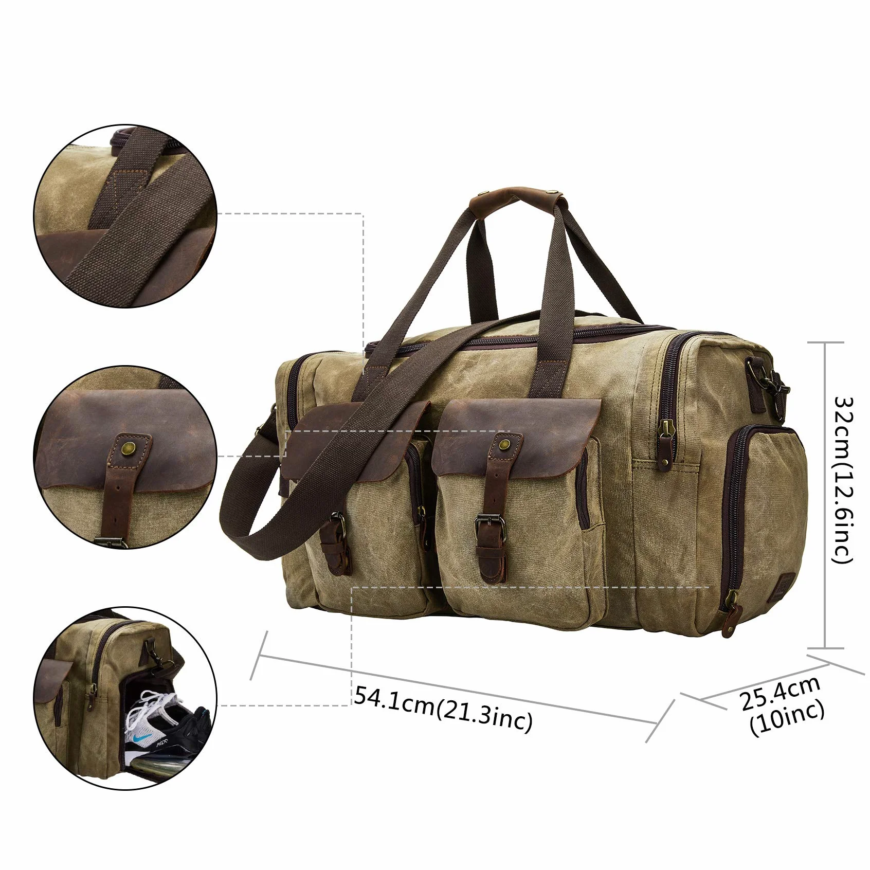 Bolsa de Viaje de Lona Impermeable con Compartimento para Zapatos, Bolso de Fin de Semana Vintage para Hombre y Mujer, Gran Capacidad, Multiusos para Negocios, Gimnasio y Actividades al Aire Libre