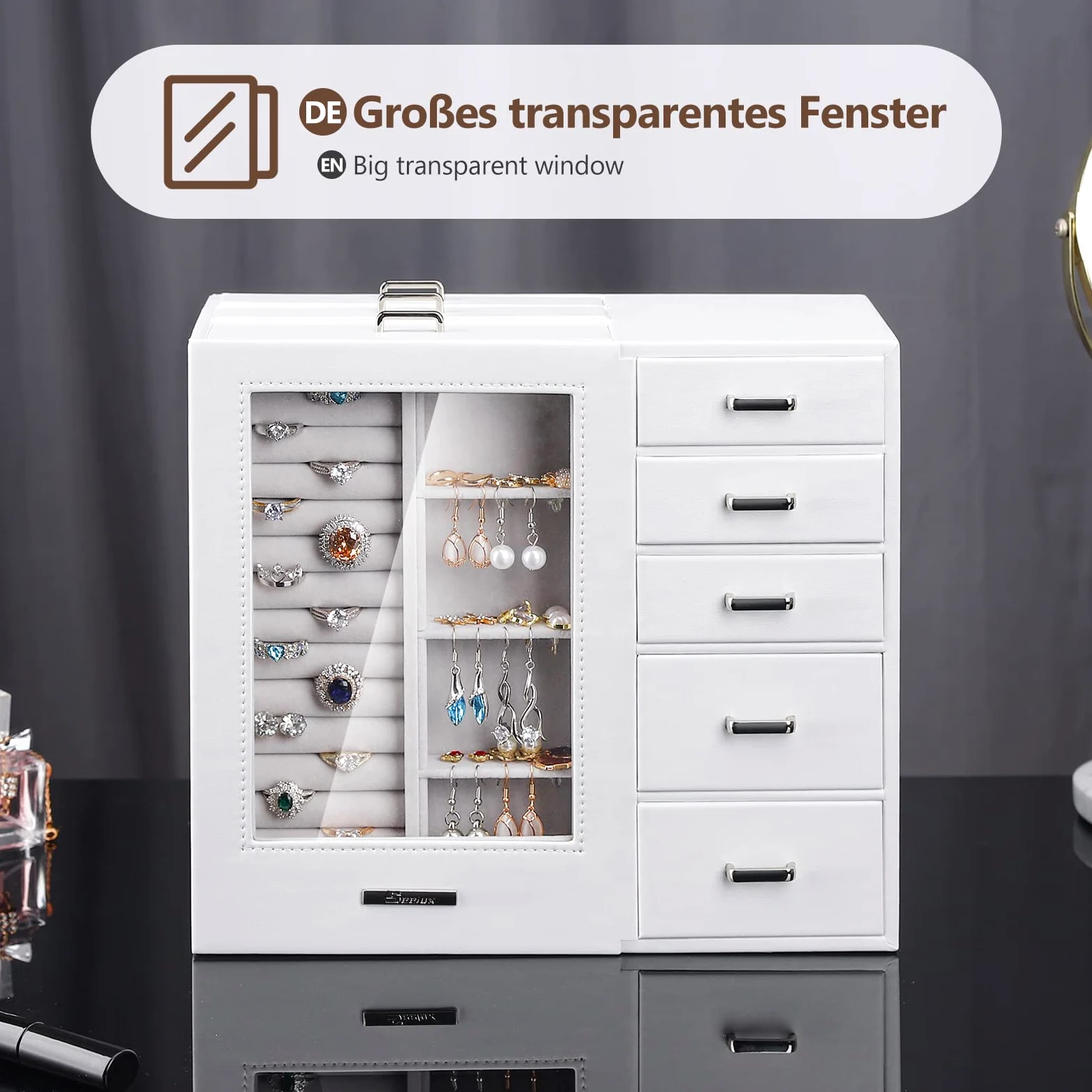 Joyero Grande con Vitrina para Mujer: 8 Cajones para Joyas | Organiza Collares Anillos Relojes y Pendientes-Tocador y Dormitorio-Frontal de Cristal para una Selección Rápida-Blanco