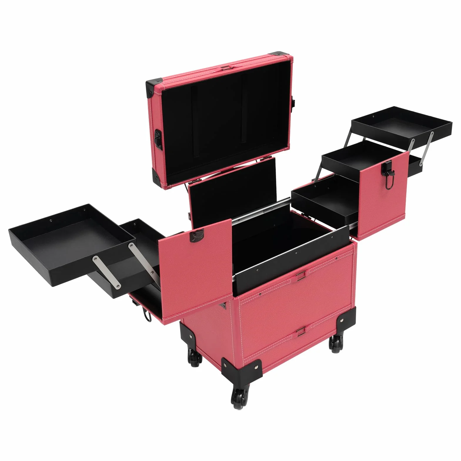 Maletín de maquillaje profesional con ruedas, con espejo, 2 llaves y 4 ruedas, maletín de peluquería con cerradura multifunción, maletín de maquillaje para mujer, Rosa, 37*24.3*101cm/14.57