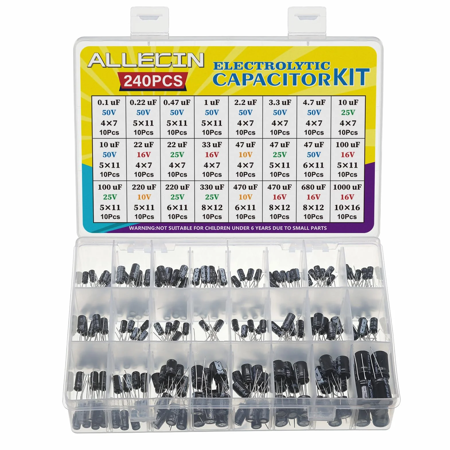 Kit Surtido Condensadores Electrolíticos 0,1uF-1000uF 10V-50V Aluminio 24 Valores