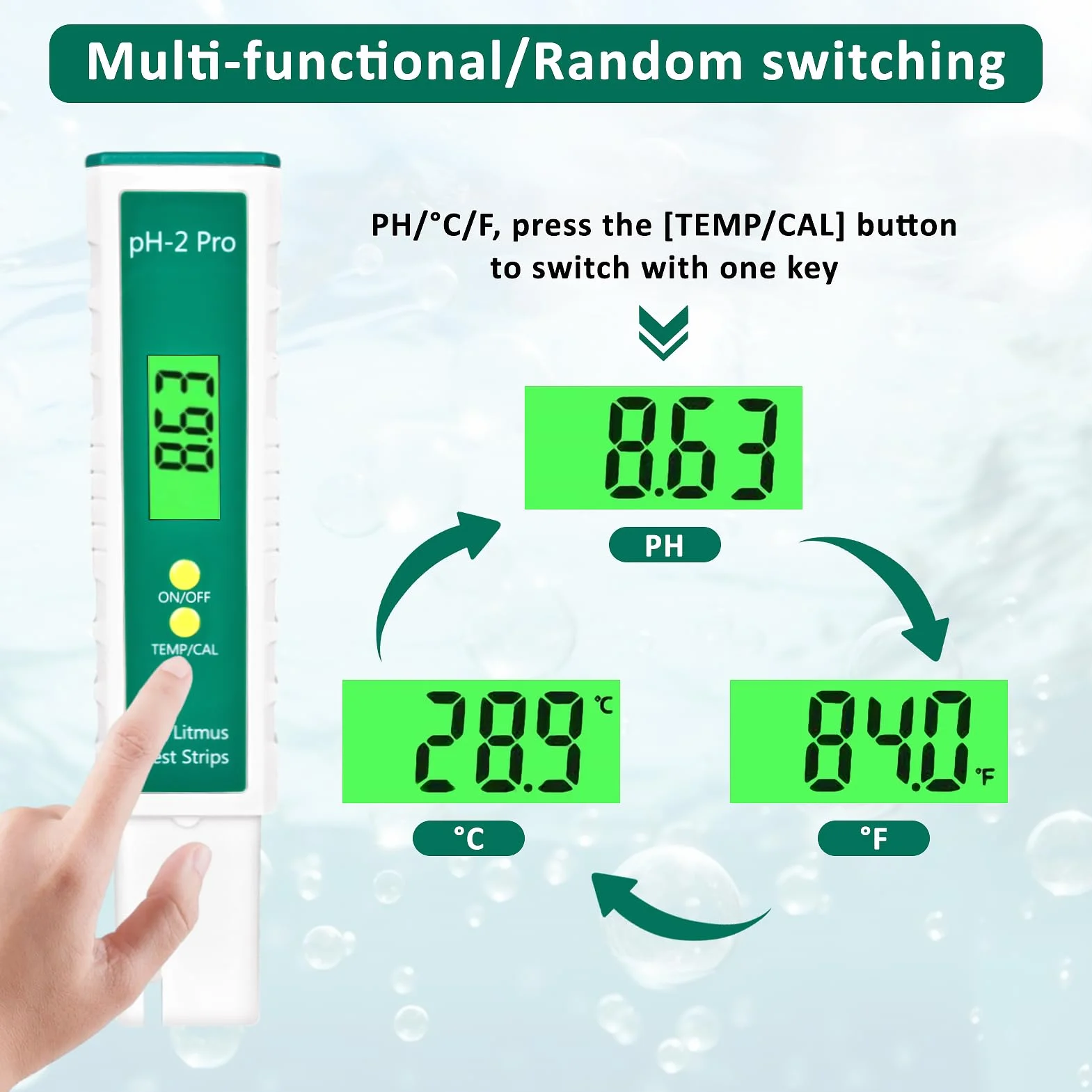 Medidor pH de Alta Precisión con Temperatura, Función Tira Reactiva Tornasol y ATC para Piscina, Hidroponía, Acuario