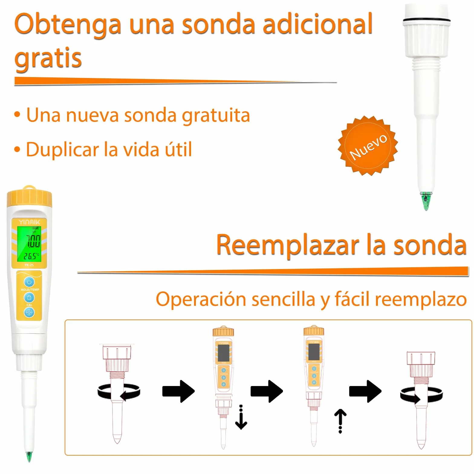 YINMIK Medidor de pH de Alimentos con Sonda Reemplazable, Probador Digital para Masa, Pan, Carne, Queso