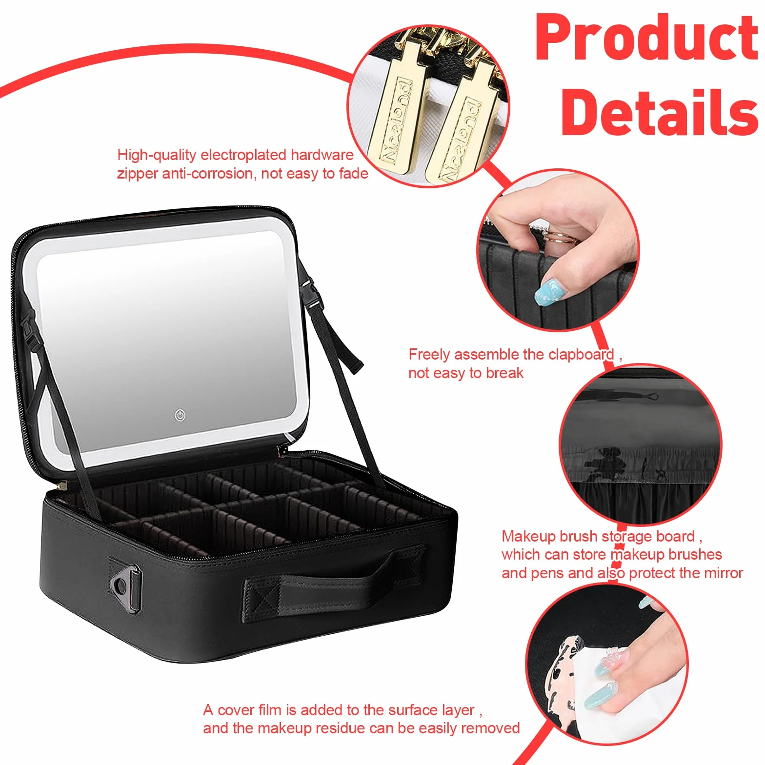 Bolsa de cosméticos de gran capacidad con espejo y luz, bolsa de cosméticos profesional con espejo iluminado, bolsa de cosméticos portátil, compacta y práctica, Rosa., large, Bolsa de cosméticos con