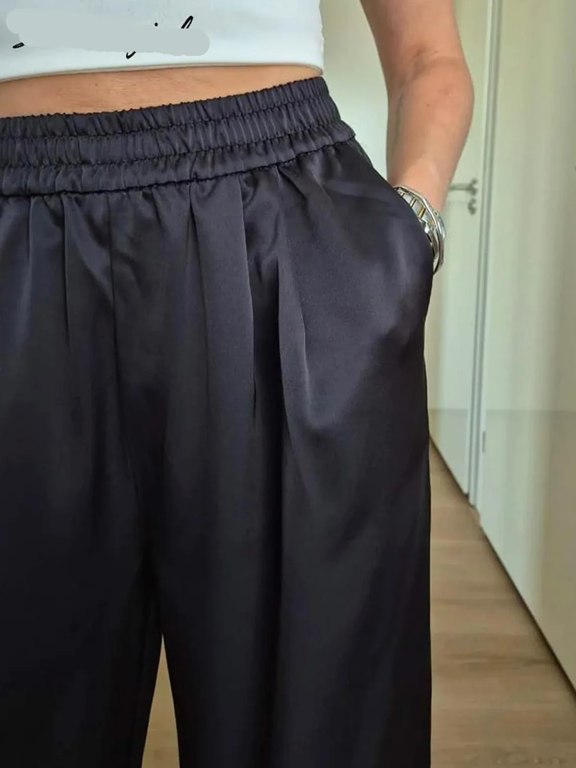 Pantalones Anchos de satén for Mujer, Pantalones con Bolsillos, Holgados Cintura Alta Negros y Marrones for