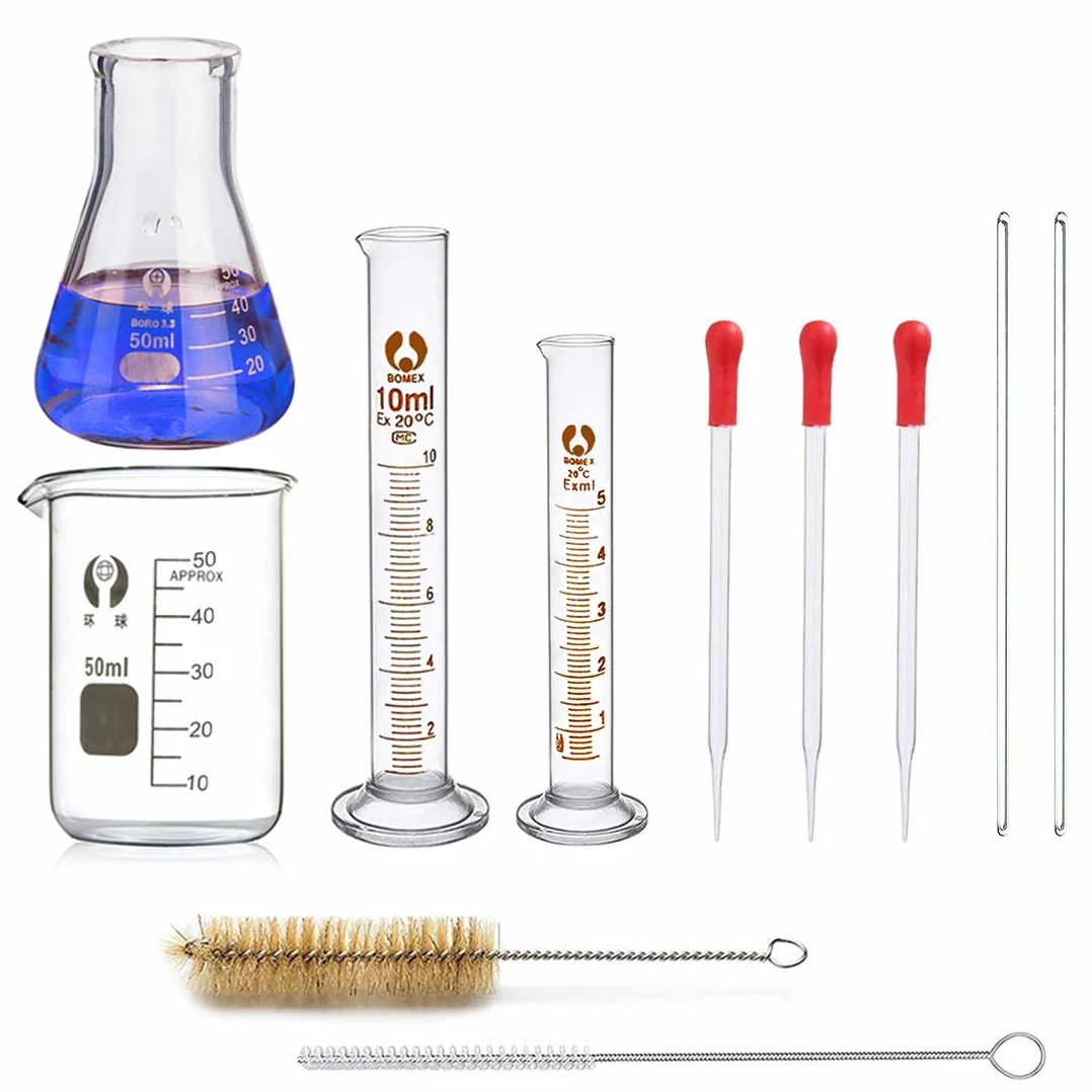 Juego de Matraz Erlenmeyer JESSTOLO 50ml, Vidrio Graduado, Cilindros de Medición 10ml/5ml, con Pipetas de Vidrio, Cepillos y Varillas de Agitación