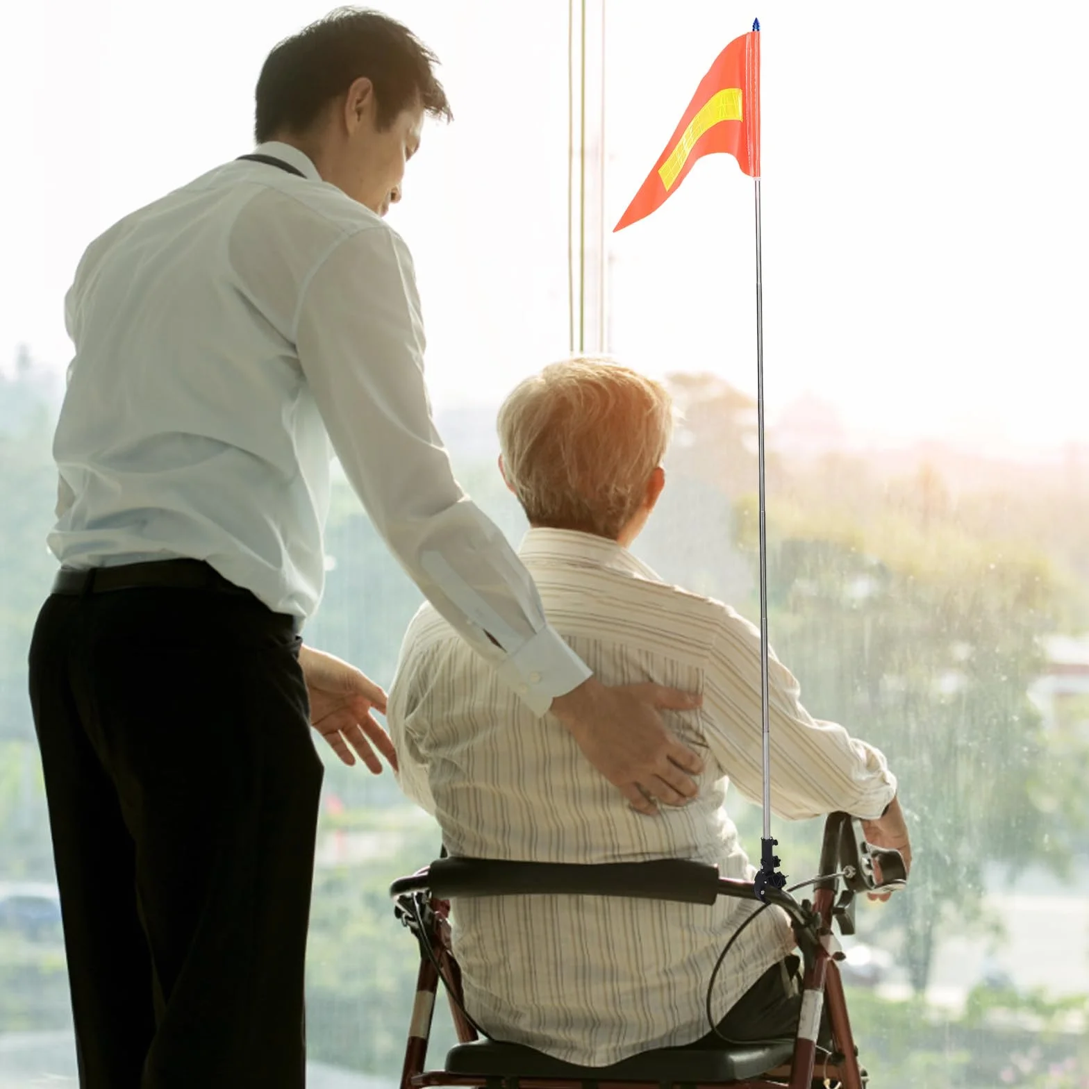Bandera de seguridad para sillas de ruedas con tira reflectante, mástil telescópico ajustable 1,5 m