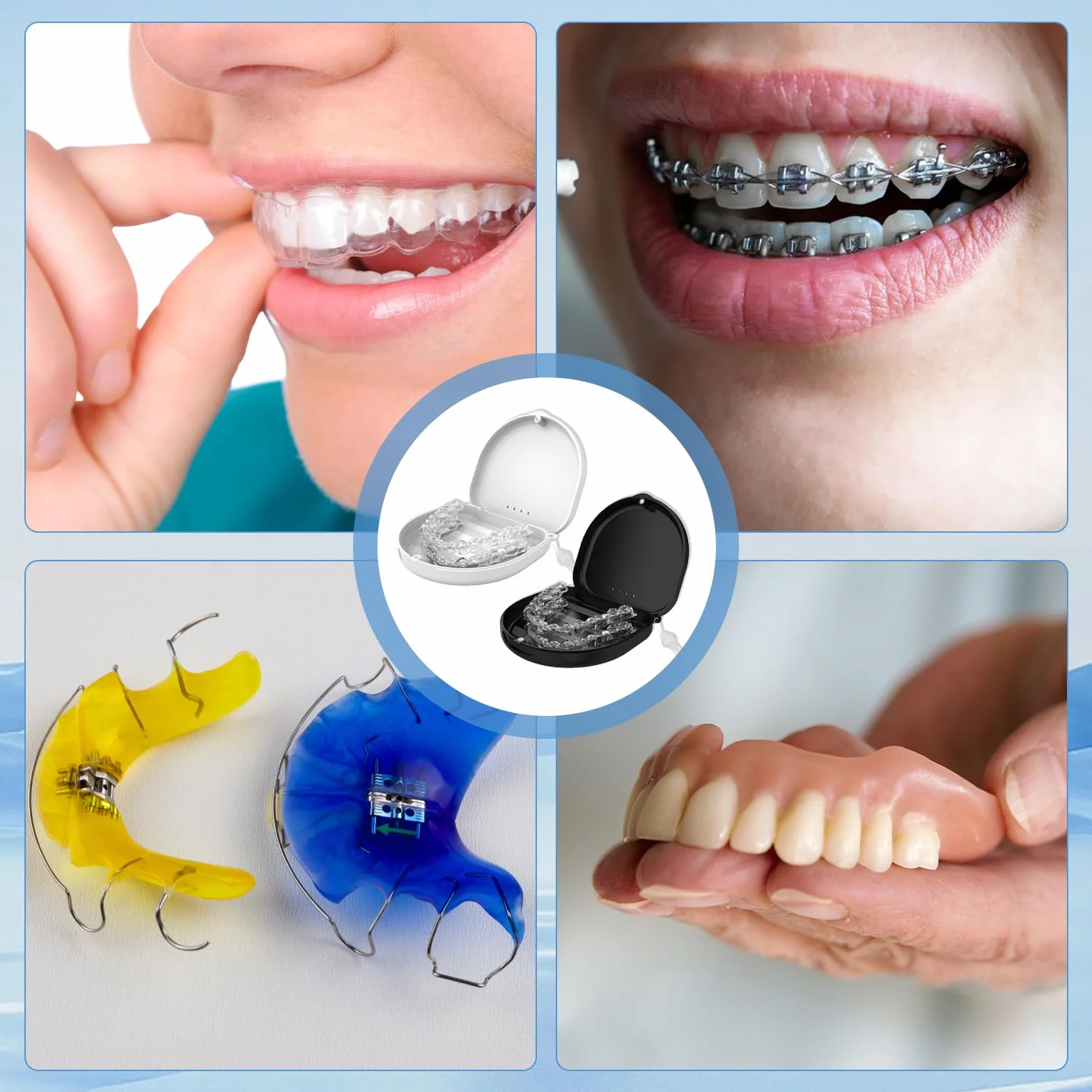 Funda Ferula Dental 2 PCS Caja Dentadura Postiza con Correa de Silicona y Herramientas de Extracción Negro Blanco