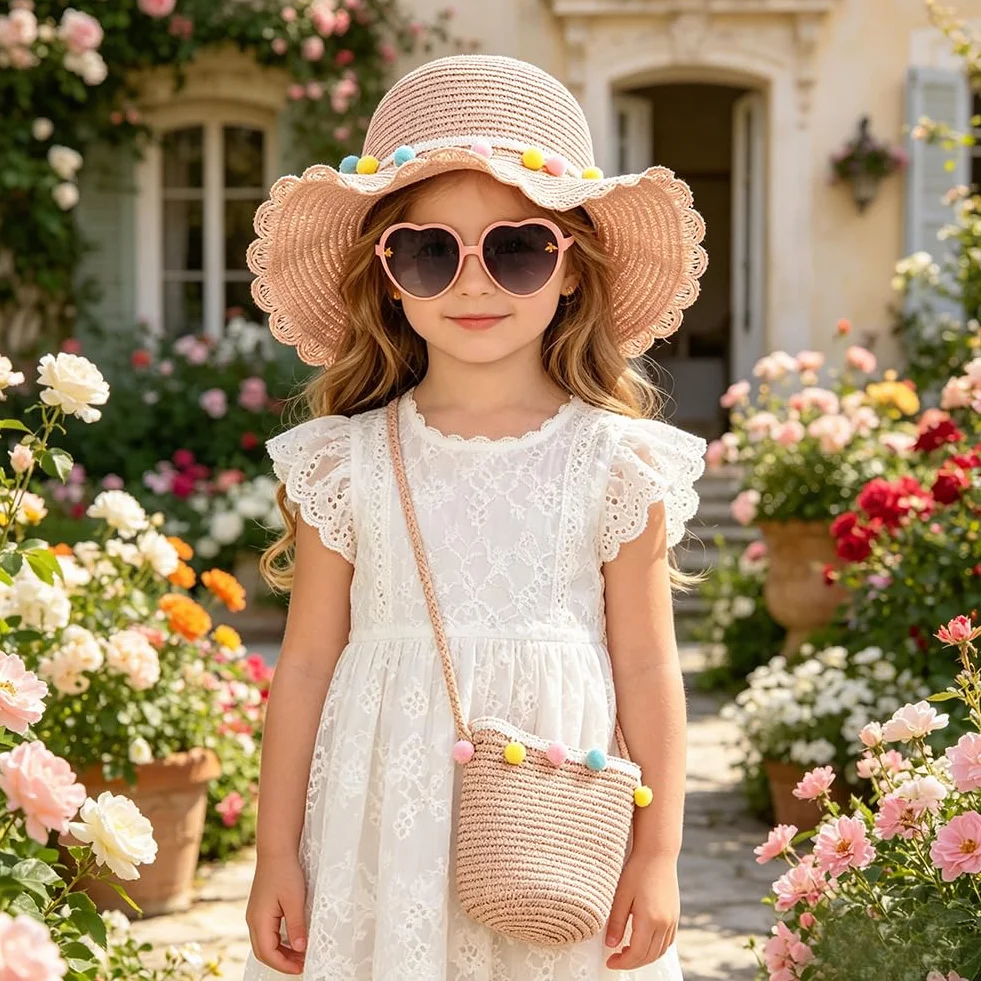 Sombrero de Paja Niñas, Gorra de Sol Chica y Bolsa de Paja Set Gorro de Playa Gafas de Sols Playa de Verano Sombrero Mini Bolsa Cruzada de Pajas Sombreros para Beach Viaje Piscina(Rosa)