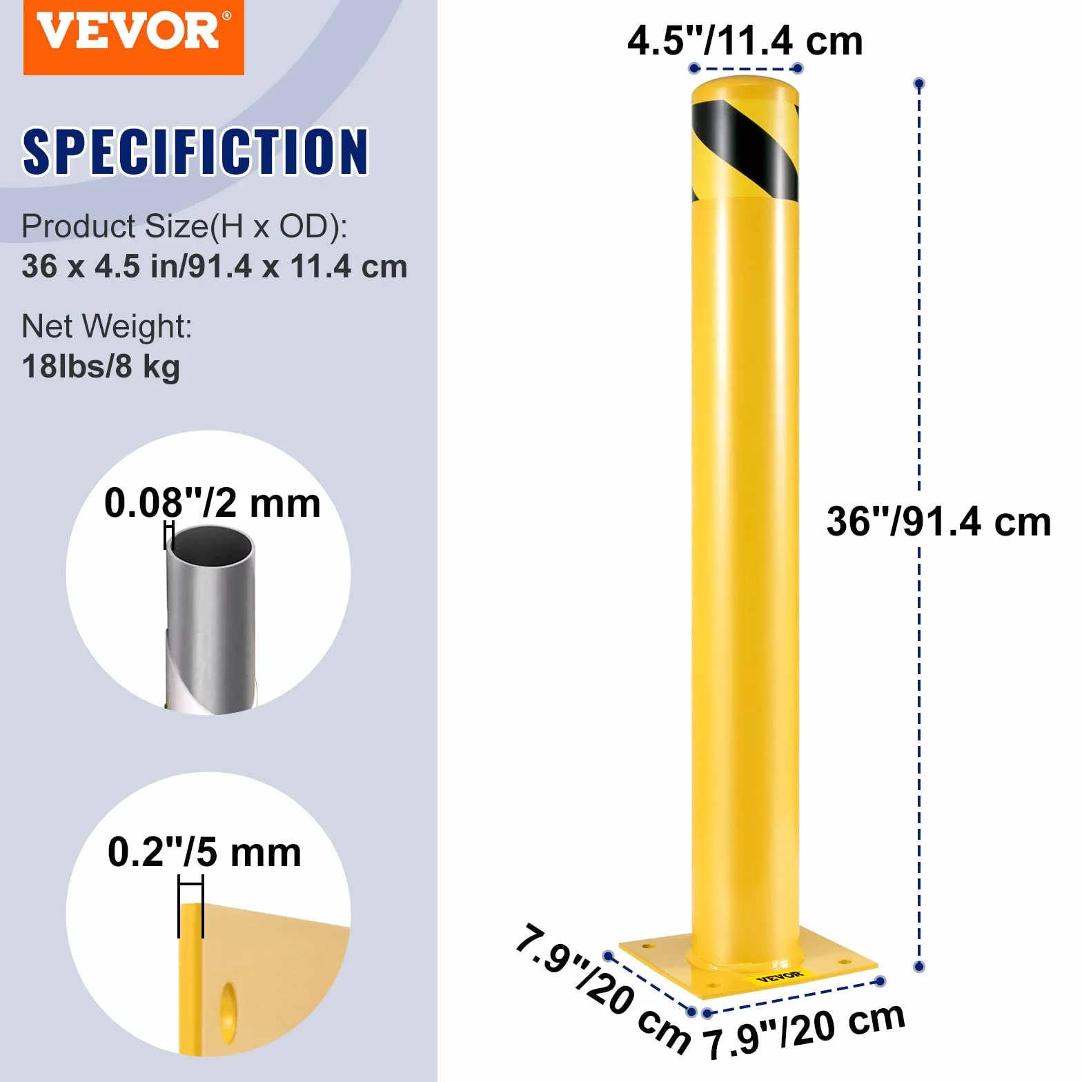 VEVOR Bolardo de Seguridad Metal 91.4cm Acero Amarillo Tráfico