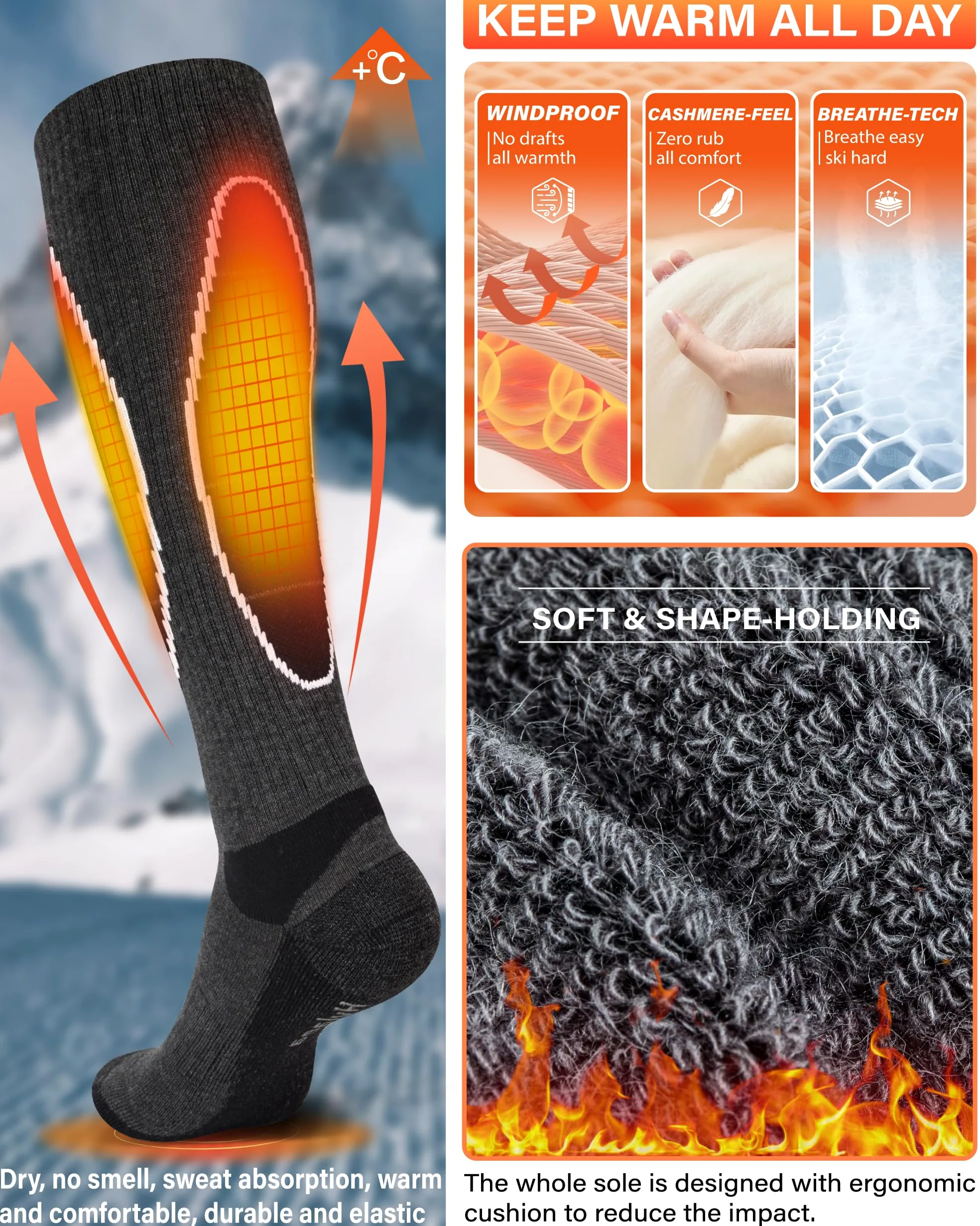 Hylaea - Calcetines de esquí de lana merina, para snowboard, nieve, invierno, caza, térmica, calor, para deportes al aire libre, color gris y negro, 2 pares de medias