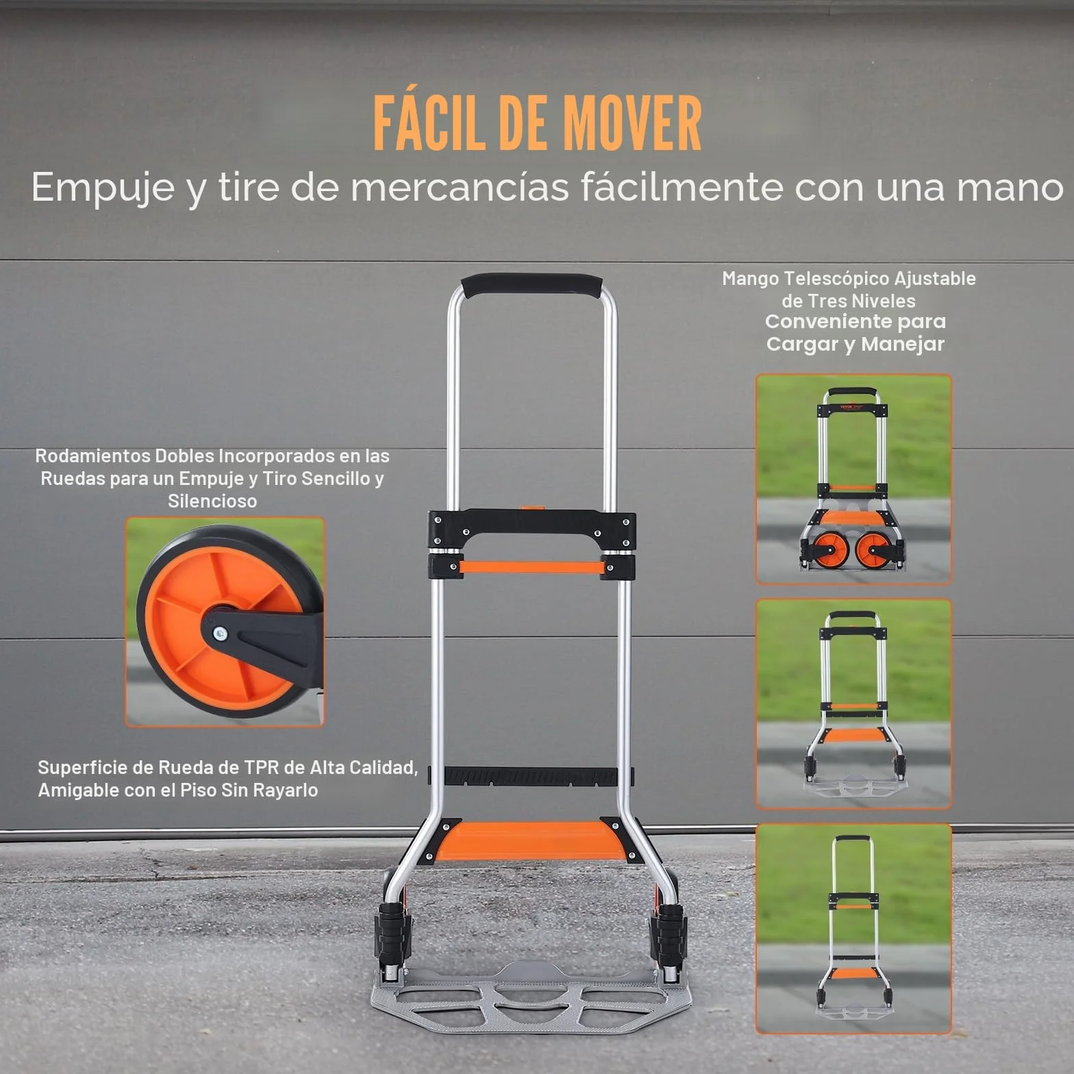 VEVOR Carretilla de Mano Plegable de Aluminio Carga 125 kg Carro de Mano con Ruedas de Goma Mango Telescópico