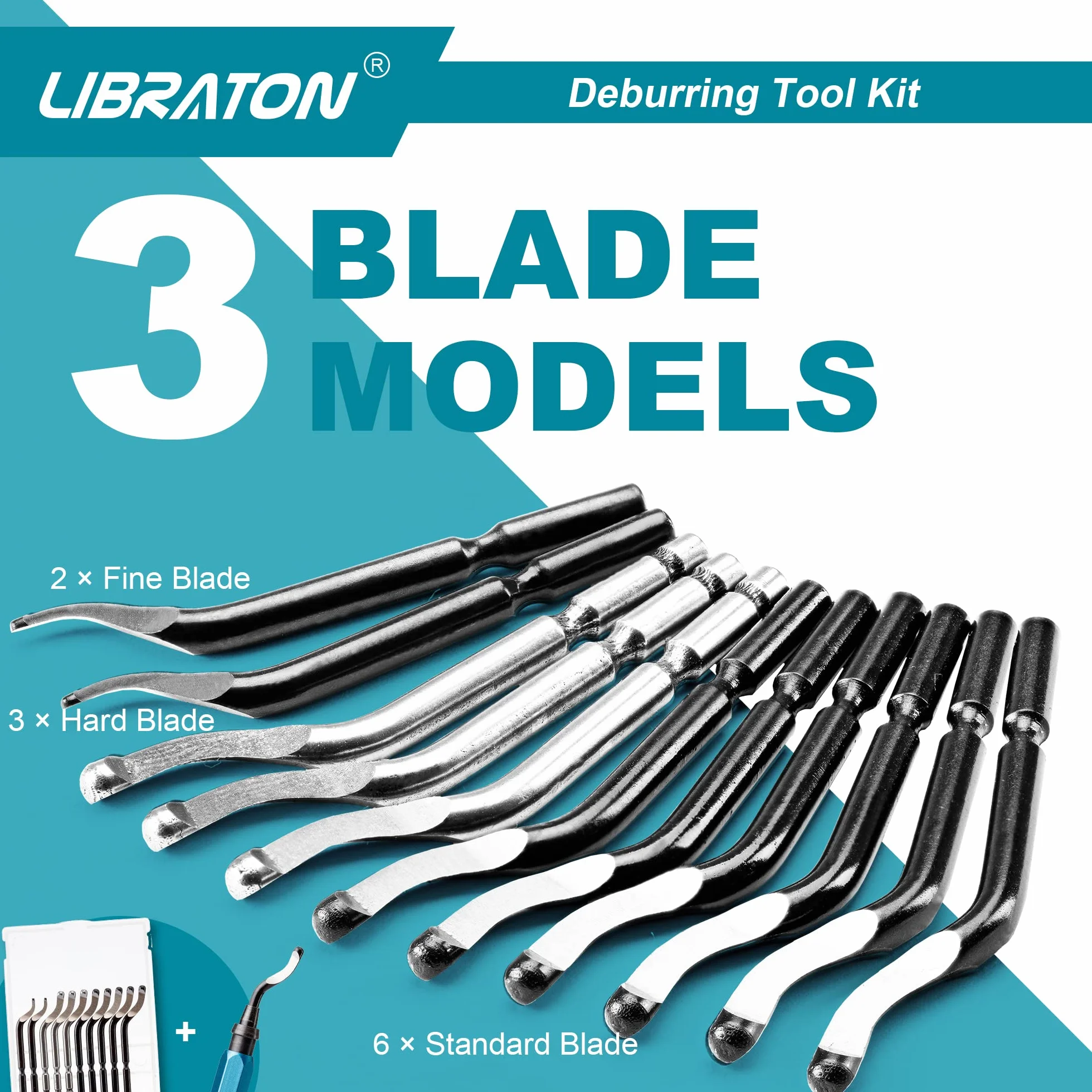 Libraton Herramienta de Desbarbado Manual, Desbarbador Universal 11 Piezas Cuchillas HSS, Mango Aleación Aluminio, 360° Giratorio para Impresora 3D