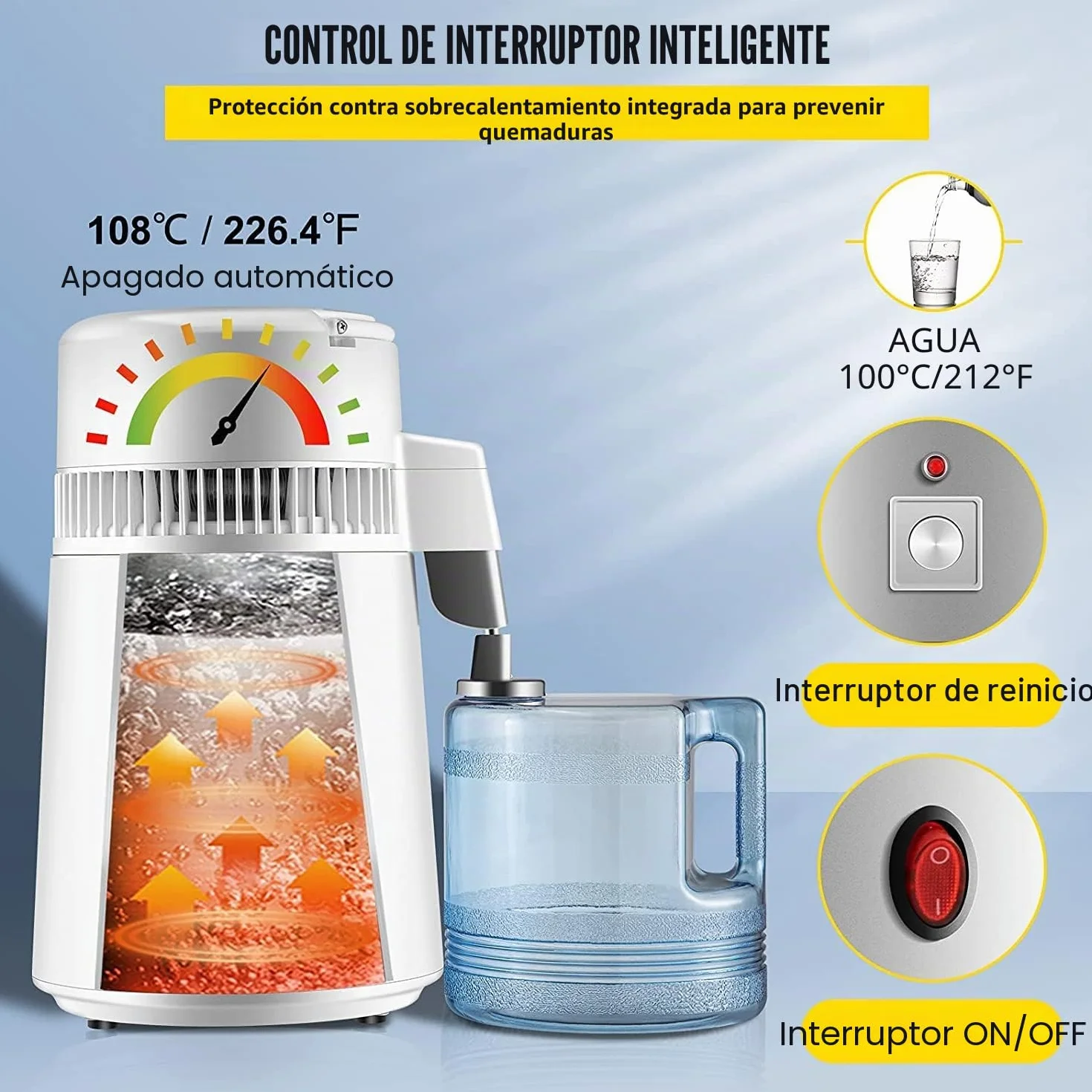 VEVOR Destilador de Agua 4L Acero Inoxidable Purificador Filtros Destilación