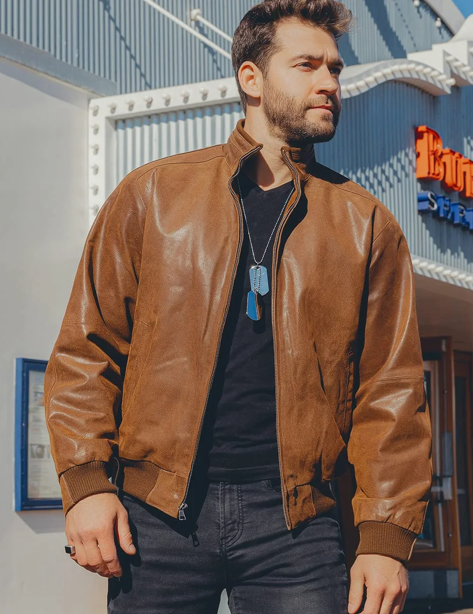 FLAVOR Chaqueta Bomber de Cuero Genuino para Hombre Chaqueta Casual