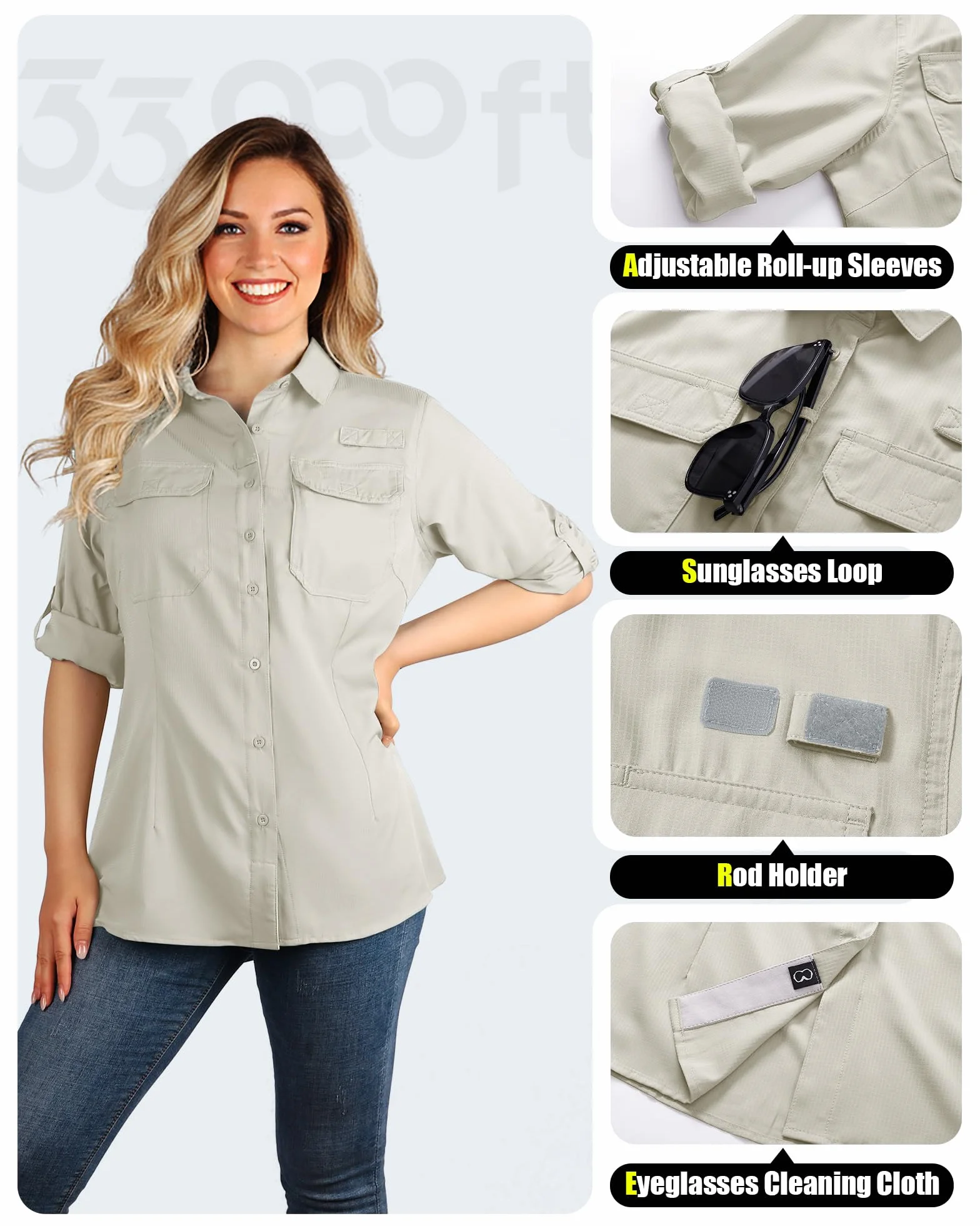 Camisa para mujer UPF50 protección UV secado rápido botones transpirable senderismo safari pesca viajes