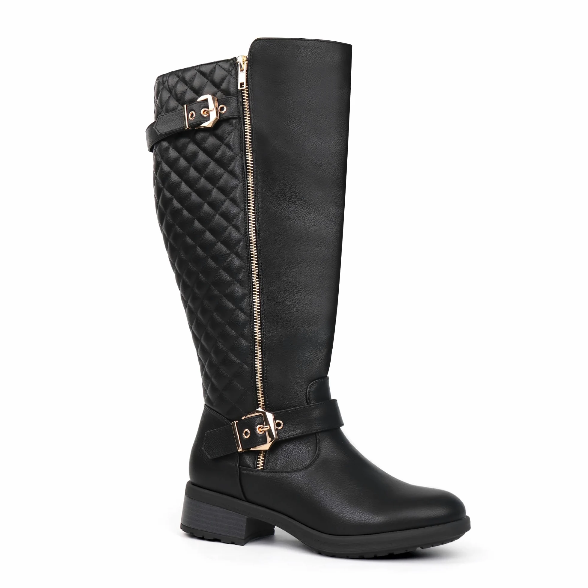 Botas de montar hasta la rodilla extra anchas para mujer, estilo retro, con doble hebilla, estilo chic, para otoño
