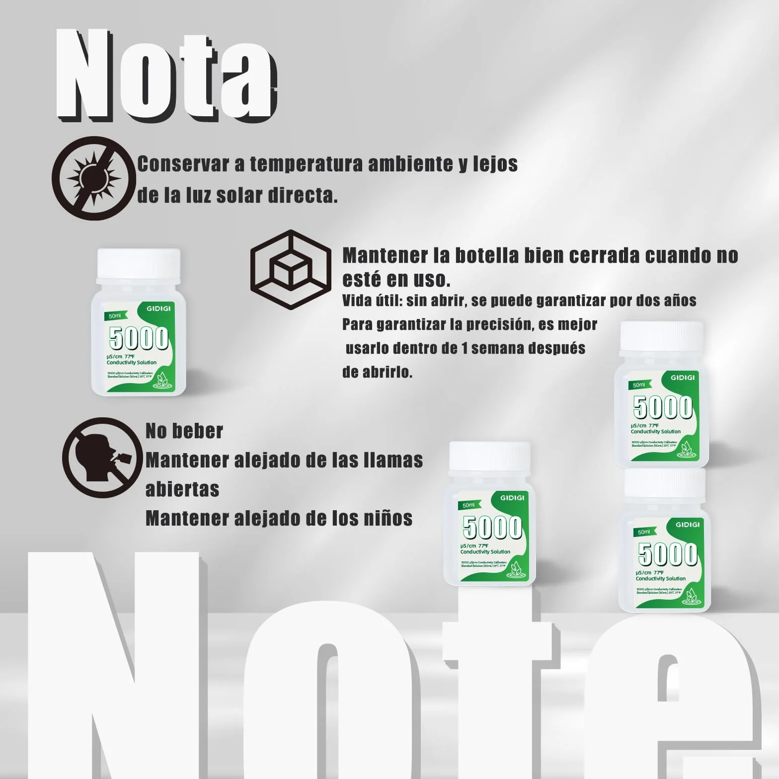 Solución de calibración EC TDS 5000μS/cm, 4 botellas de 50 ml para medidores EC TDS