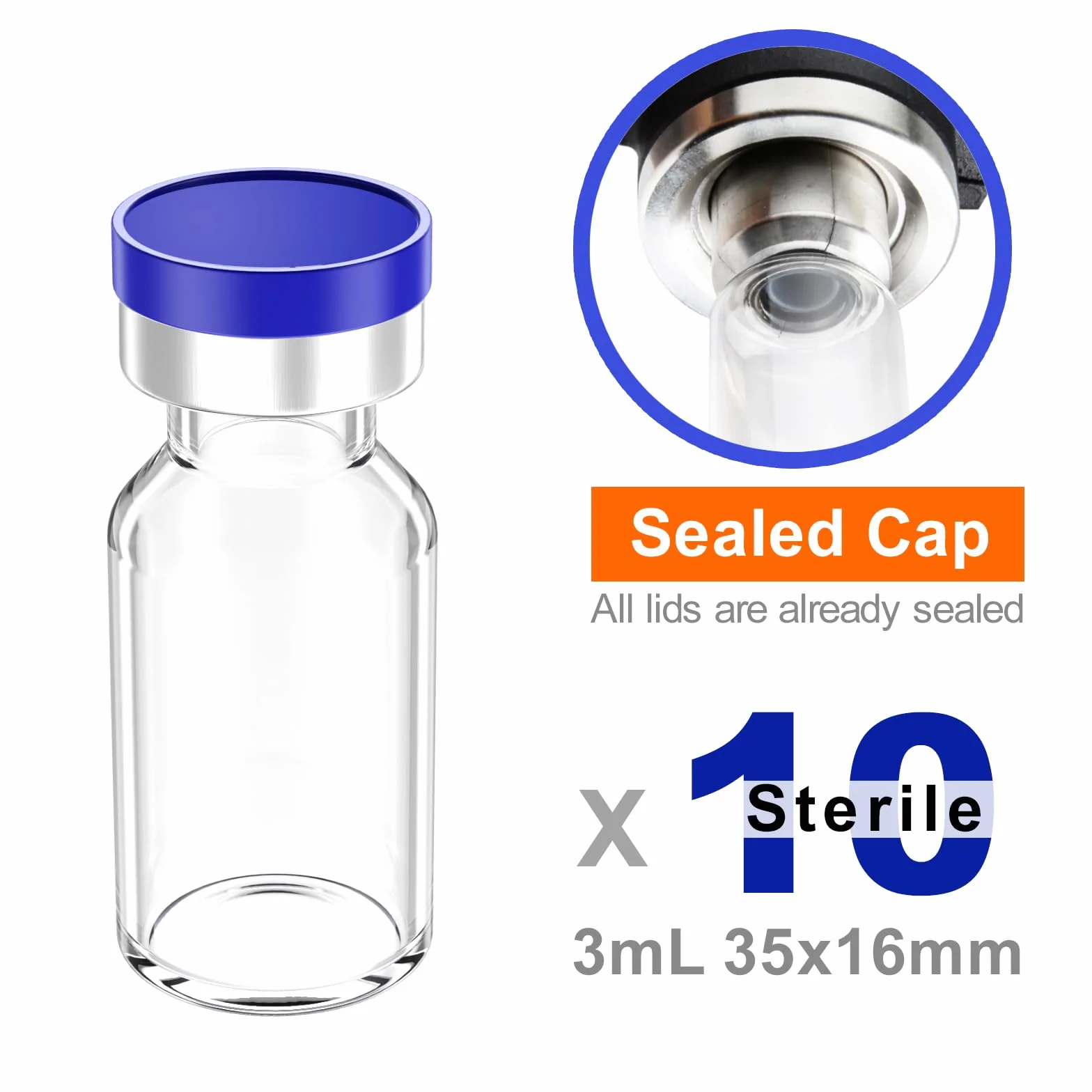 Viales estériles 3 ml con puerto de inyección autorreparable, tapa de aluminio, transparente, 10 unidades