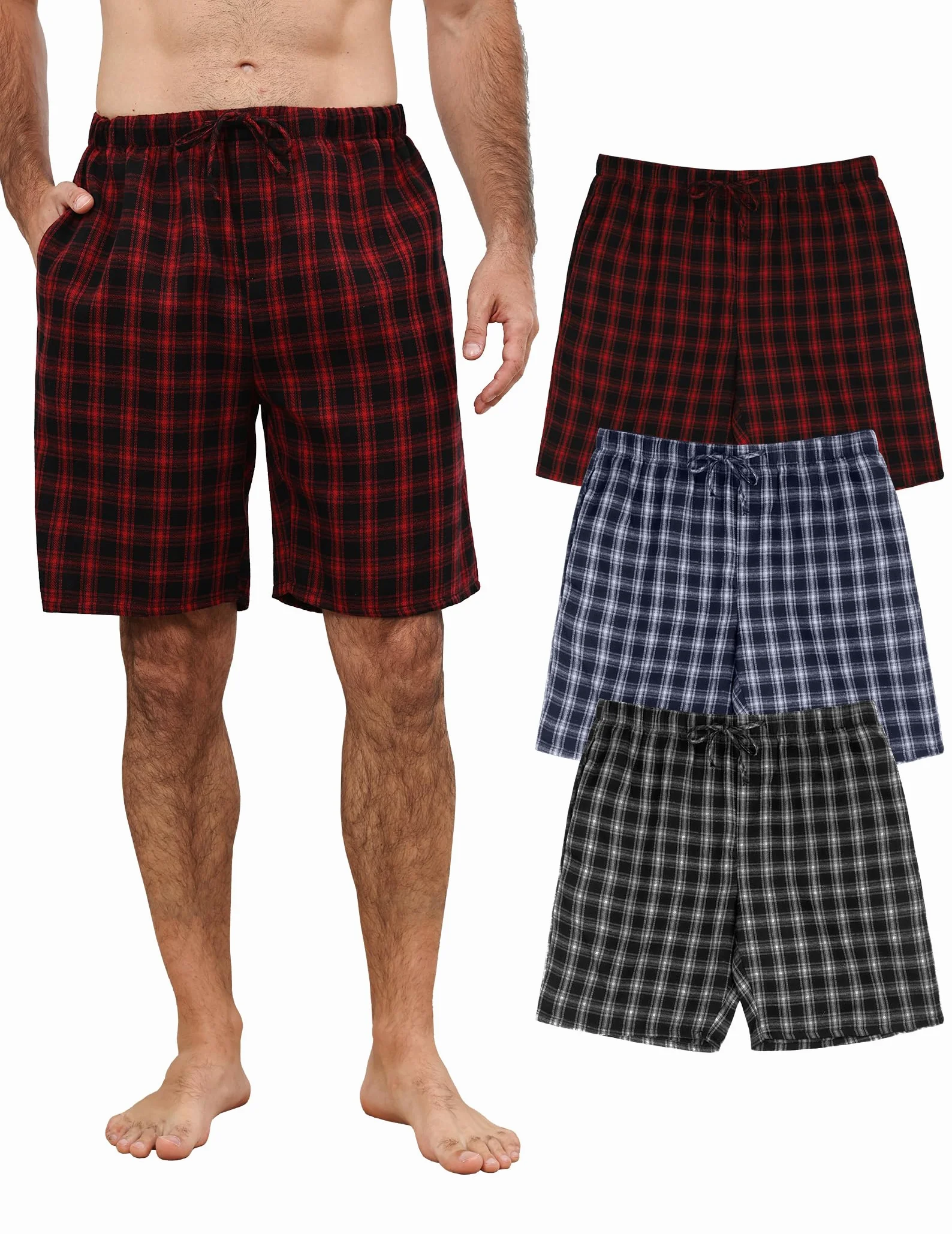 3 Piezas Pantalones Cortos de Pijama para Hombre Algodón, Shorts de Cuadros para Verano, Suave y Cómodo Pantalón Corto con Bolsillos, Finos y Ligera Bermudas para Dormir S-XXL