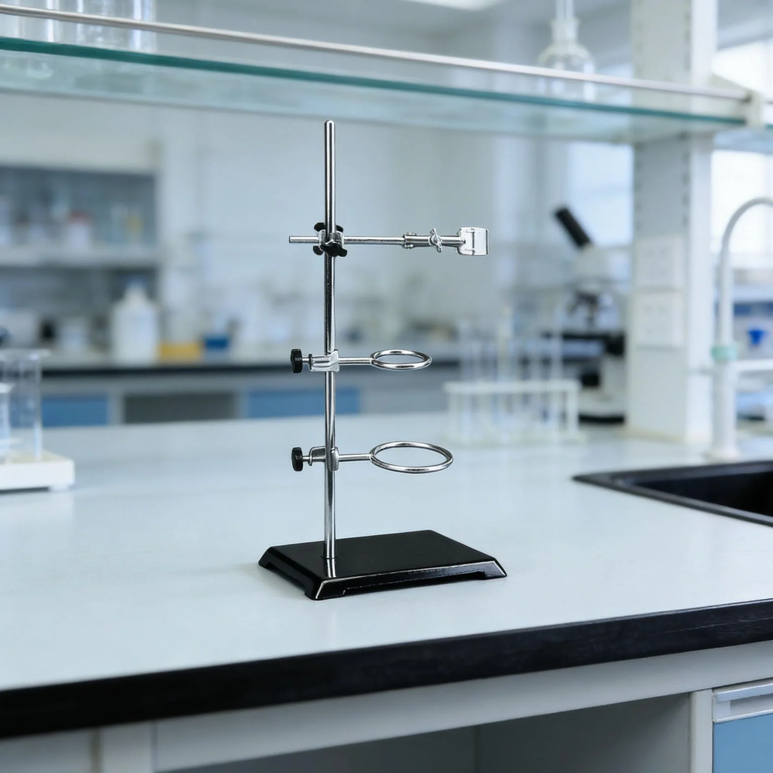 Soporte de laboratorio 35 cm para experimentos de química con superficie inoxidable y abrazaderas de apriete