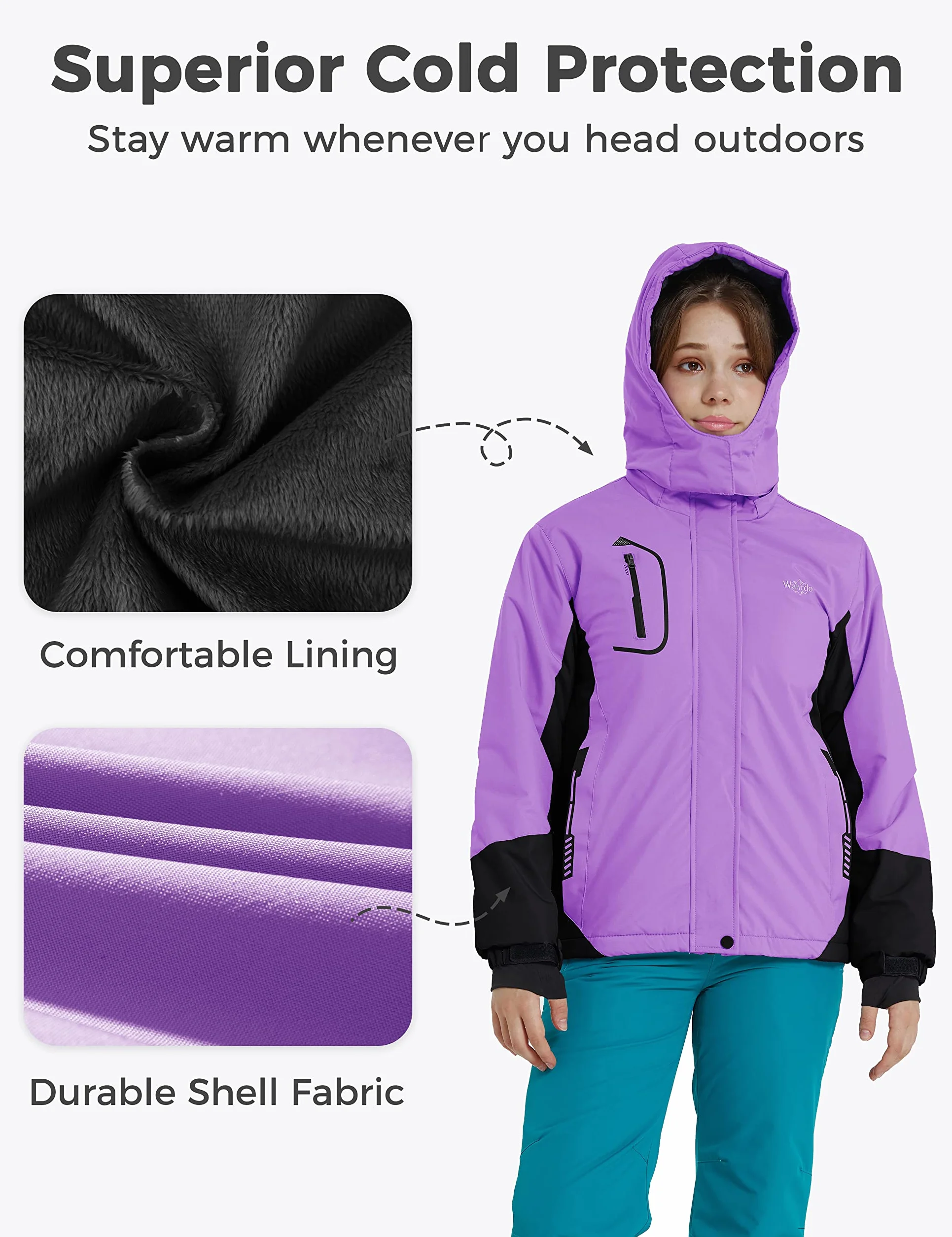 Wantdo Chaquetas de Esquí Impermeable Montaña Abrigo Snowboard para Exteriores Parka de Nieve con Capucha Chaqueta Aislada con Vellón Cálida Invierno para Niñas