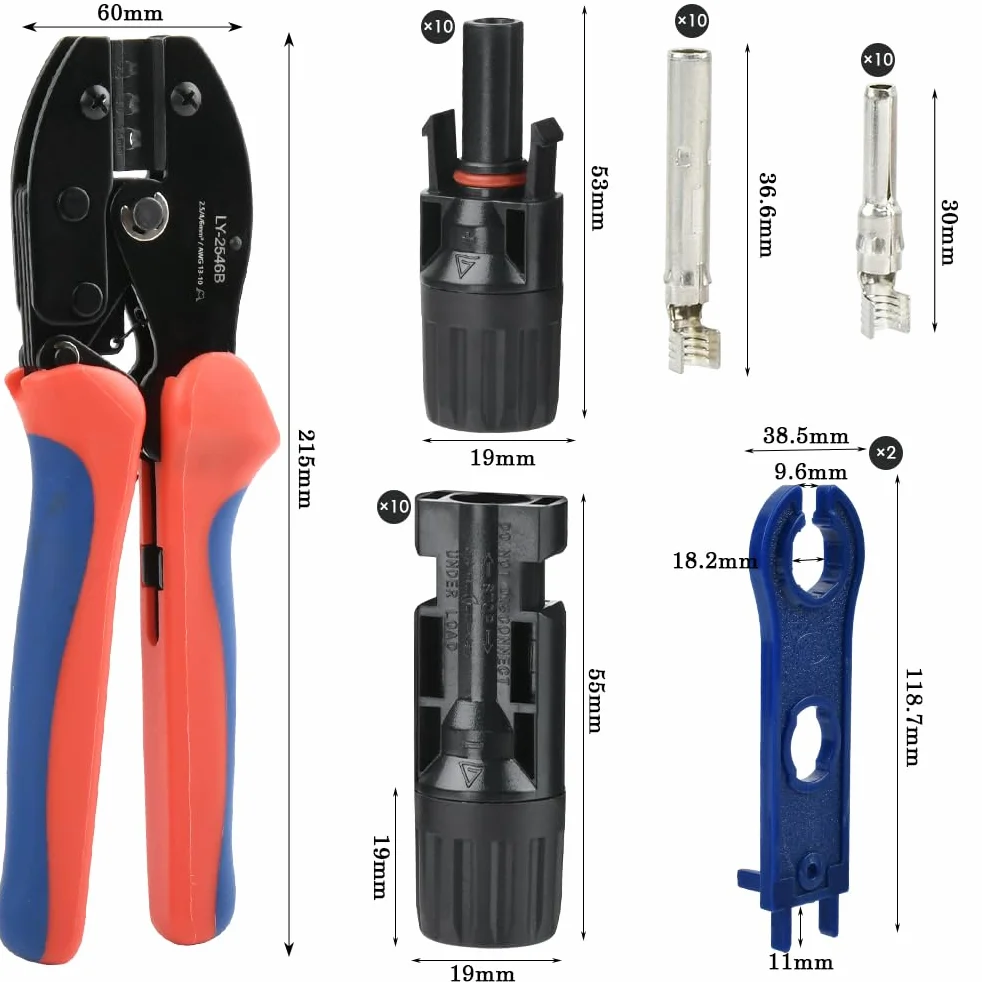 Juego de Herramientas de Crimpado Solar para 2,5/4/6 mm² - 1 Tenaza, 10 pares Conectores, 2 Llaves
