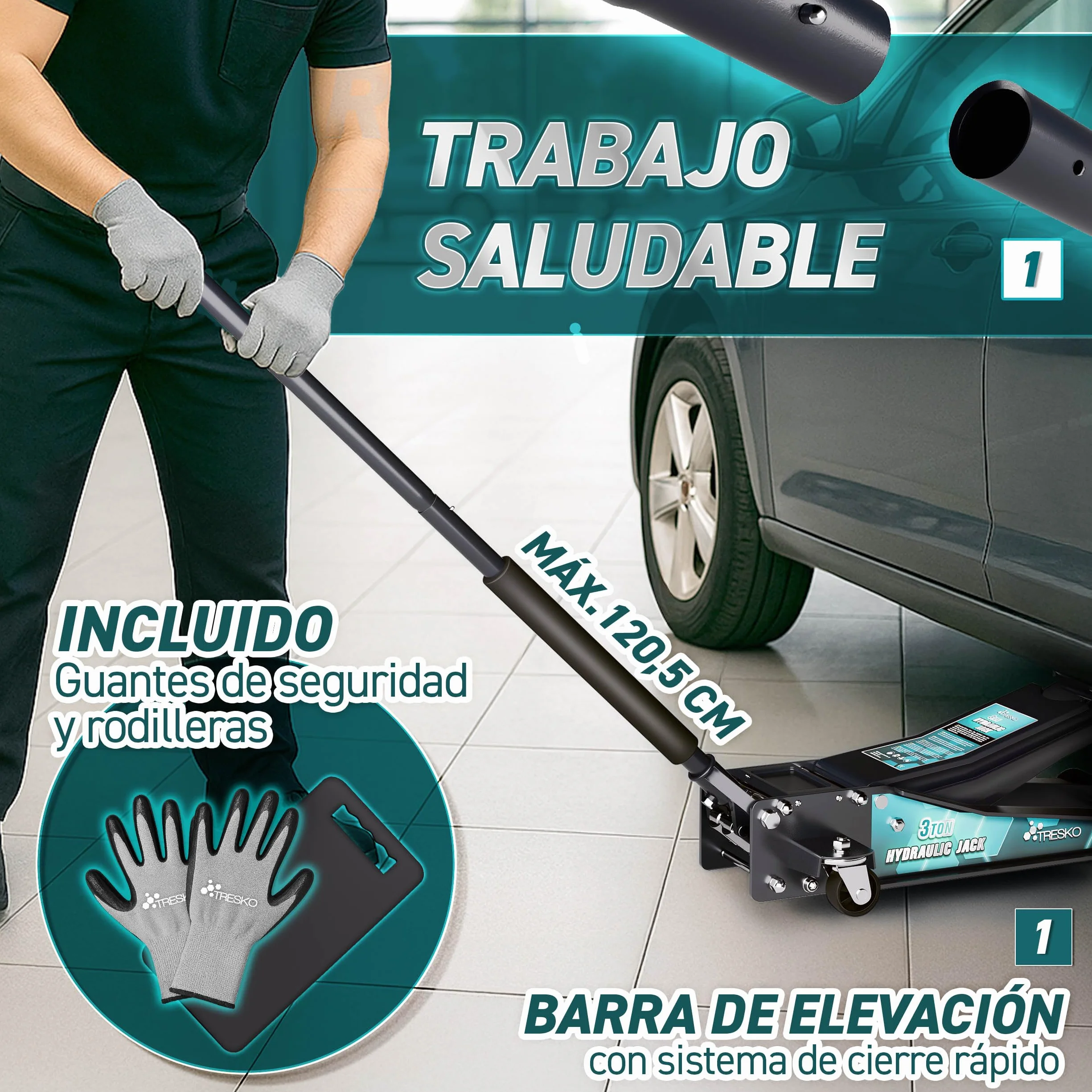 TRESKO gato hidráulico 3T 75-510mm doble pistón ruedas 360°
