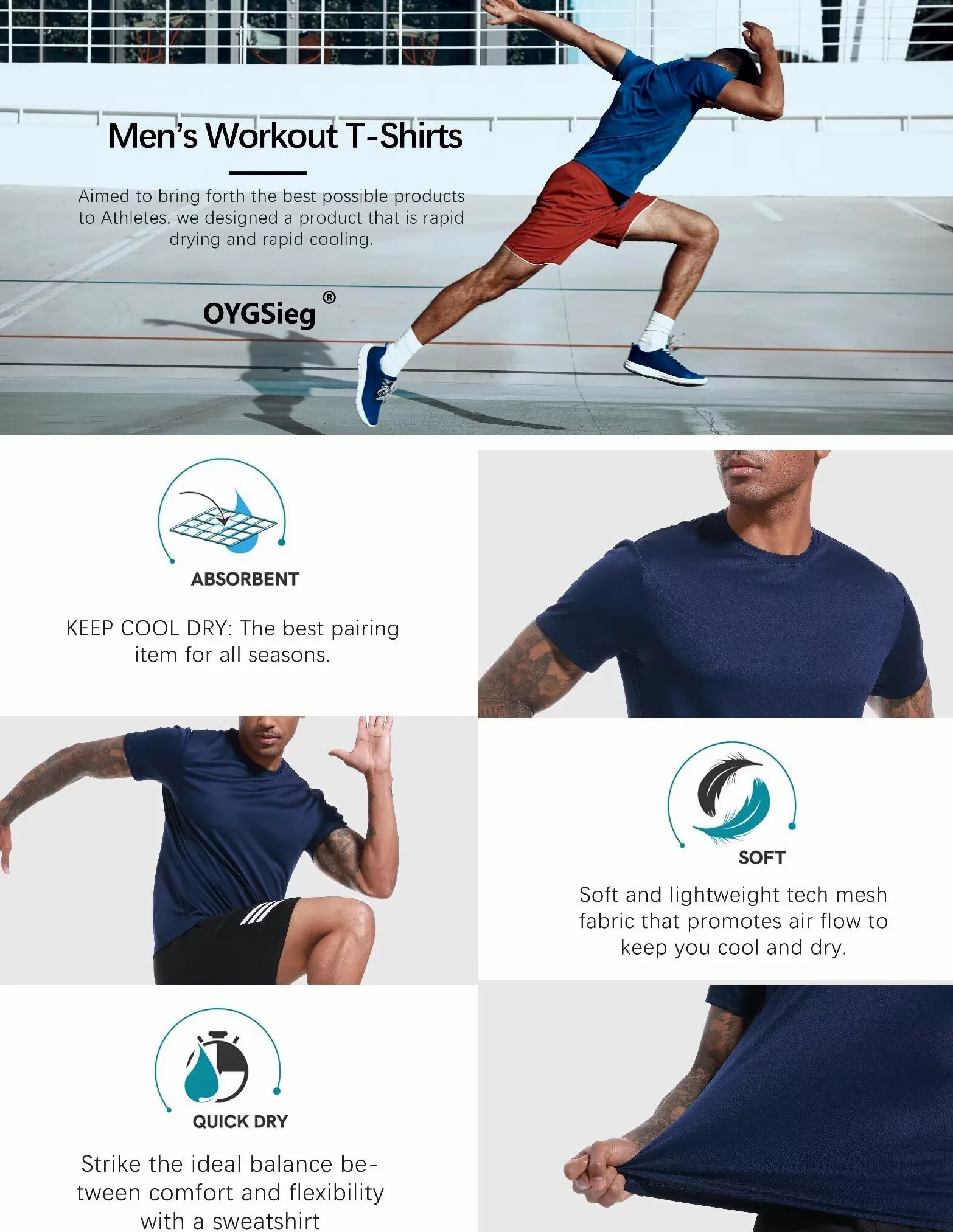 OYGSieg Paquete de 6 camisetas de entrenamiento para hombre, de manga corta, atléticas, de secado rápido, cuello redondo, para correr