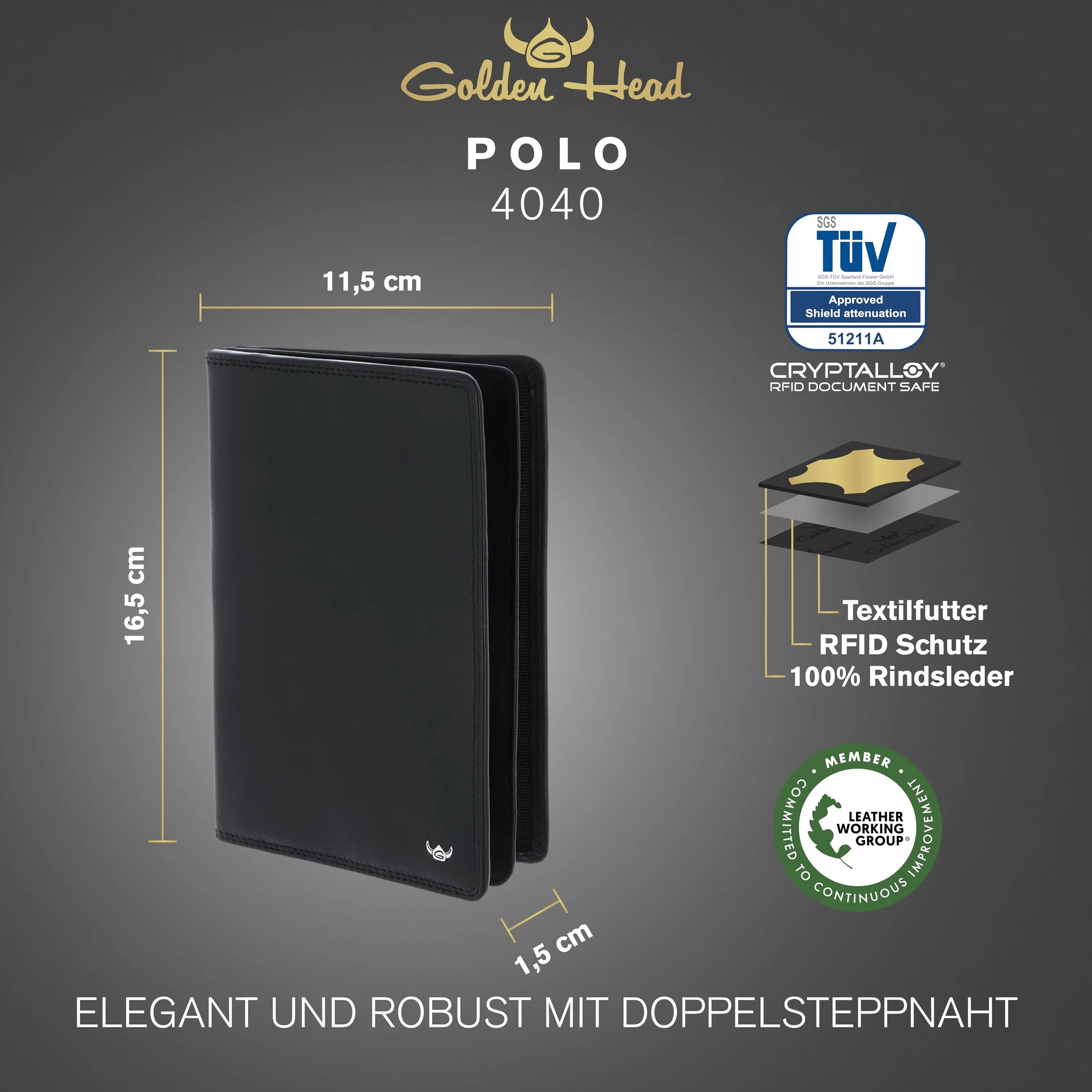 Golden Head Cuero Estuche de identificación Polo RFID Protect Brieftasche mit RV 4040 Schwarz Negro