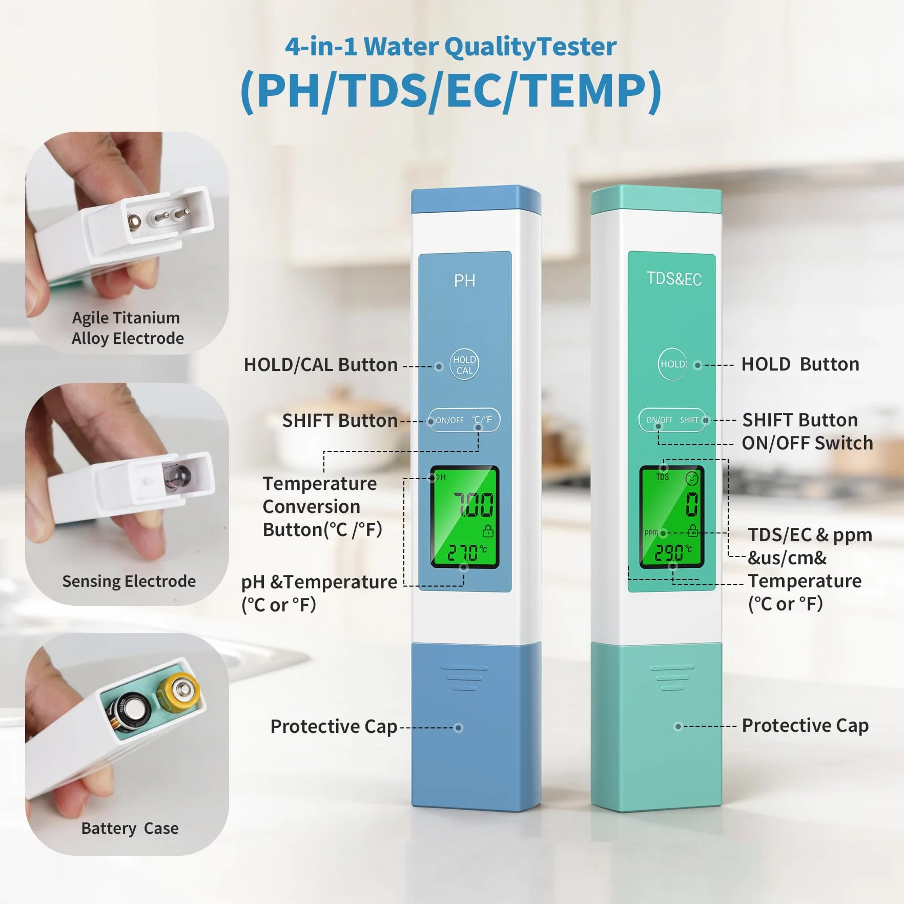Forever Speed Medidor de pH Agua 4 en 1 pH Meter pH/TDS/EC/Temperatura para Piscina SPA Acuario
