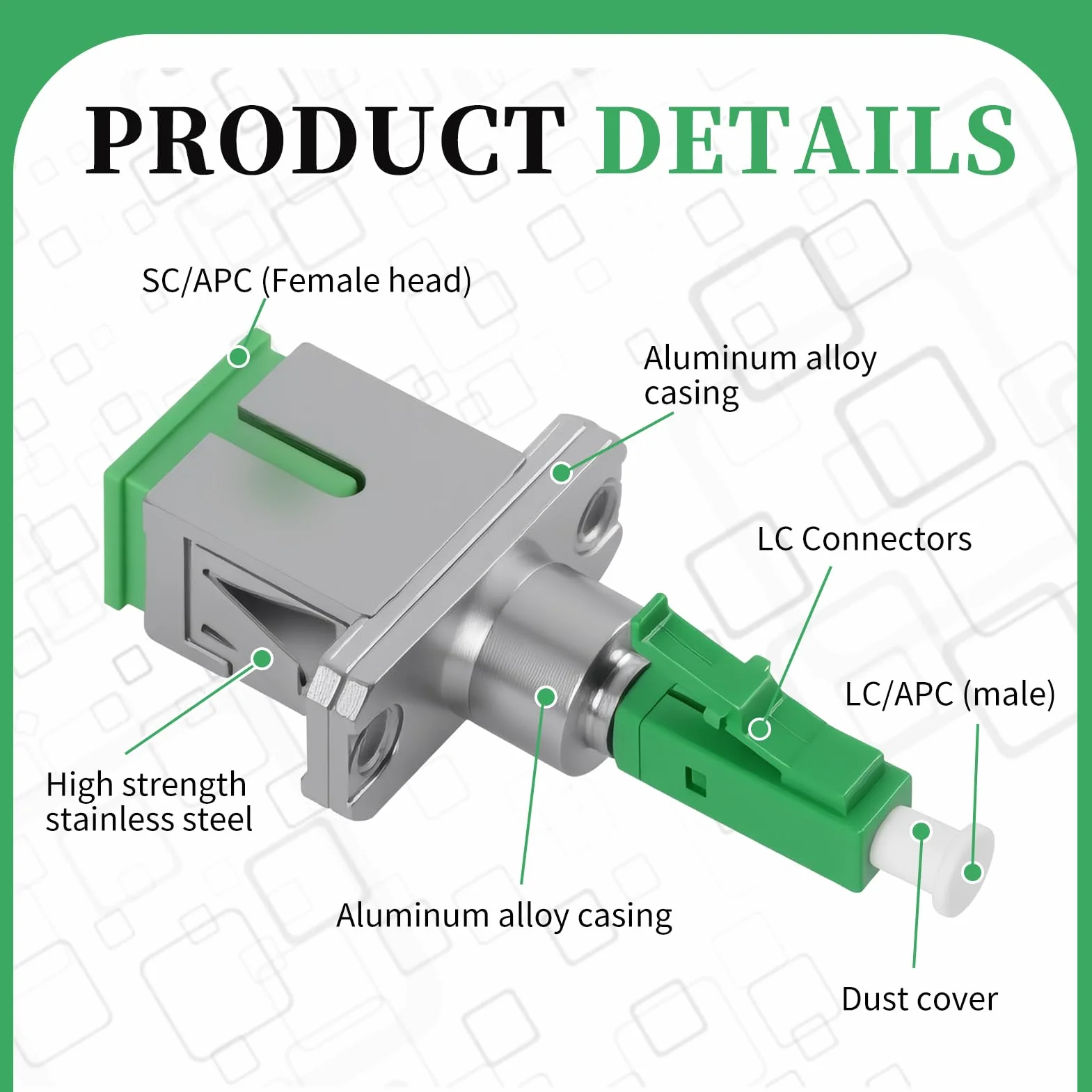 Adaptador de fibra óptica SC/APC hembra a LC/APC macho monomodo híbrido, LC a SC, bajas pérdidas