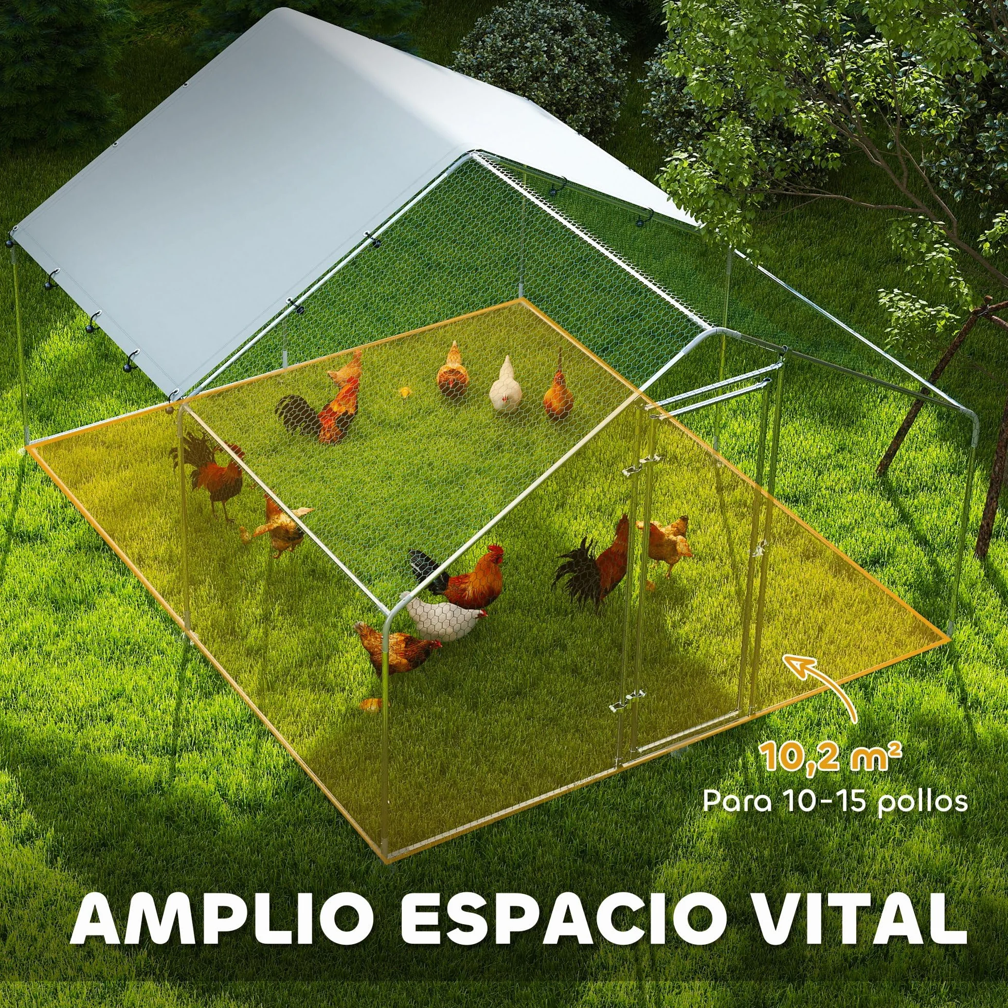 PawHut Gallinero Exterior Grande 3x3,4x1,9 m Acero Galvanizado Puerta Doble Cierre Cubierta Tela Oxford Anti-UV Impermeable para 10-15 Gallinas