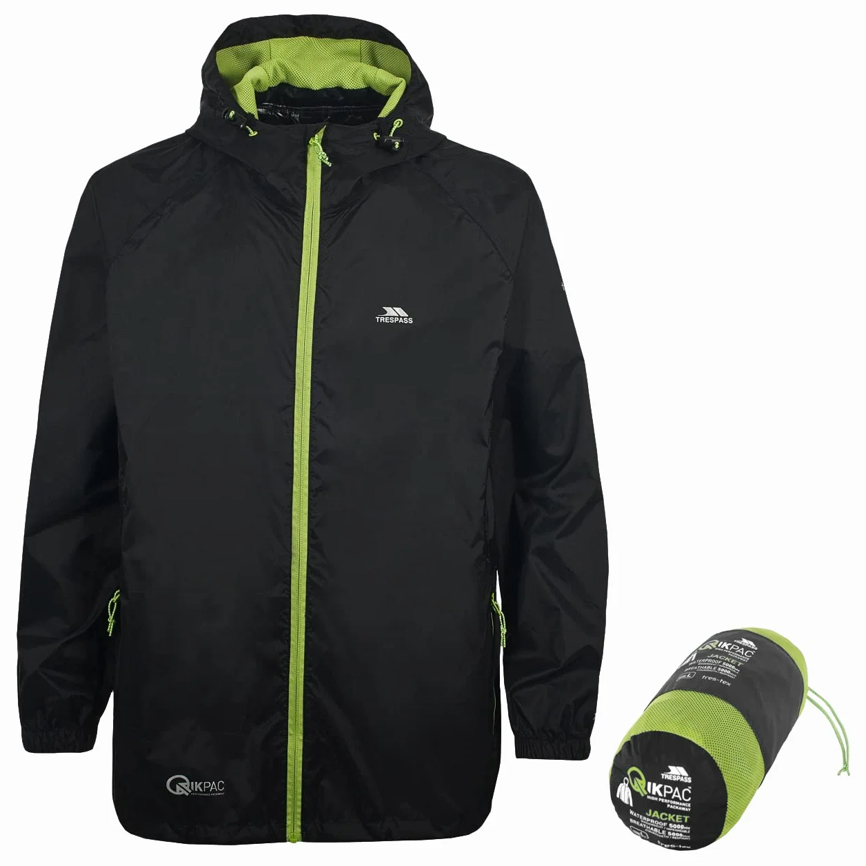 Trespass Adults Waterproof Jacket Qikpac - Waterproof, Breathable, Windproof, Taped Seams, 2 Zip Pockets, Full Body Length Front Zip, Adjustable Hood, Storm Flap, Ventilated Back, Packs Away