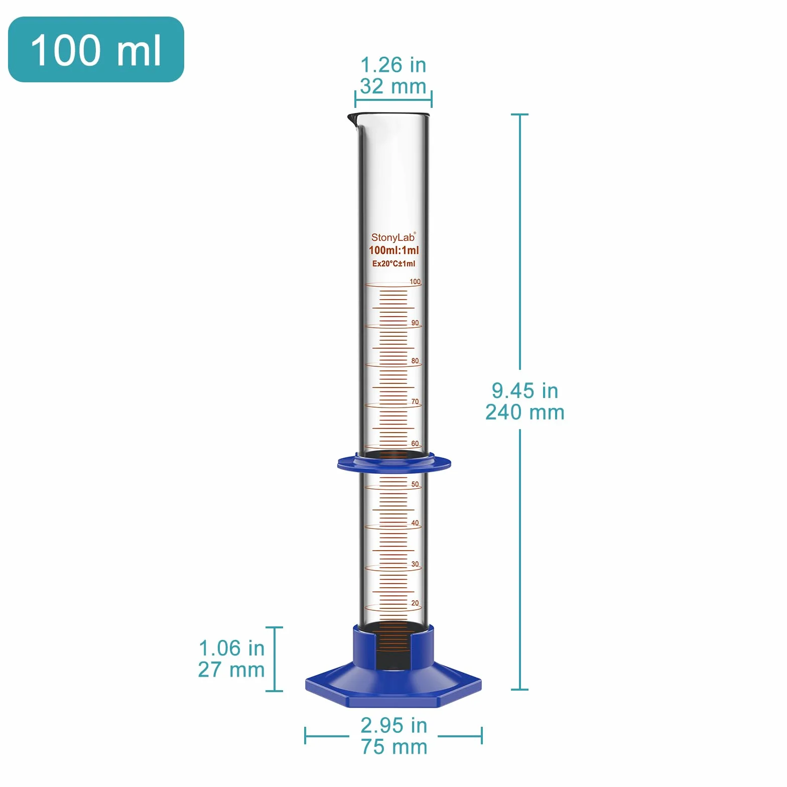 Cilindro Graduado de Vidrio Borosilicato 100 ml con Base Hexagonal de Plástico y Collar Protector para Laboratorio