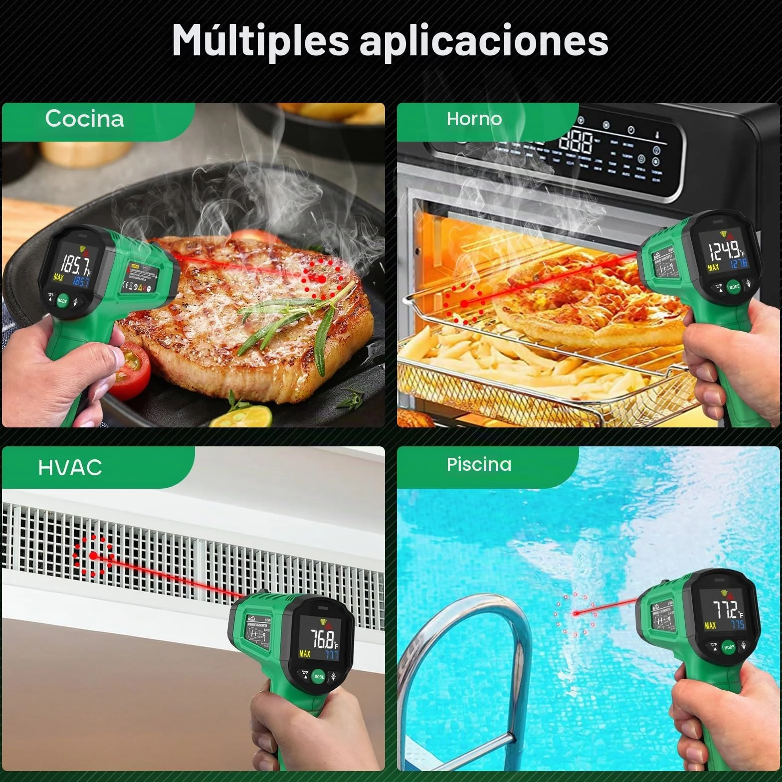 Termómetro Infrarrojo SQECH Láser -50℃~600℃ Emisividad Ajustable Retroiluminación Color Verde