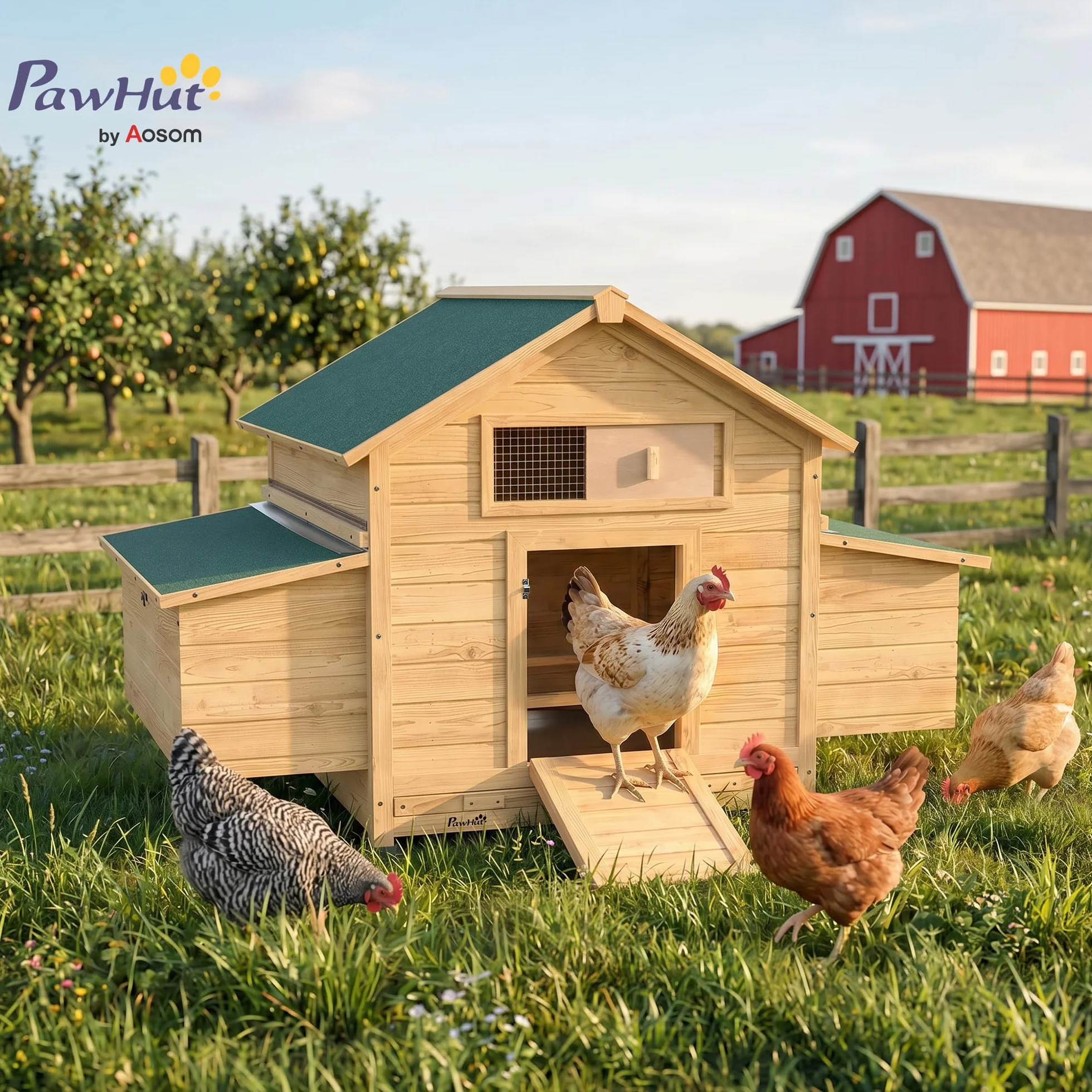 PawHut Gallinero de Madera para Exterior, 2 Nidos, Bandeja Extraíble, Techo Impermeable, 150x100x96,5 cm, Amarillo