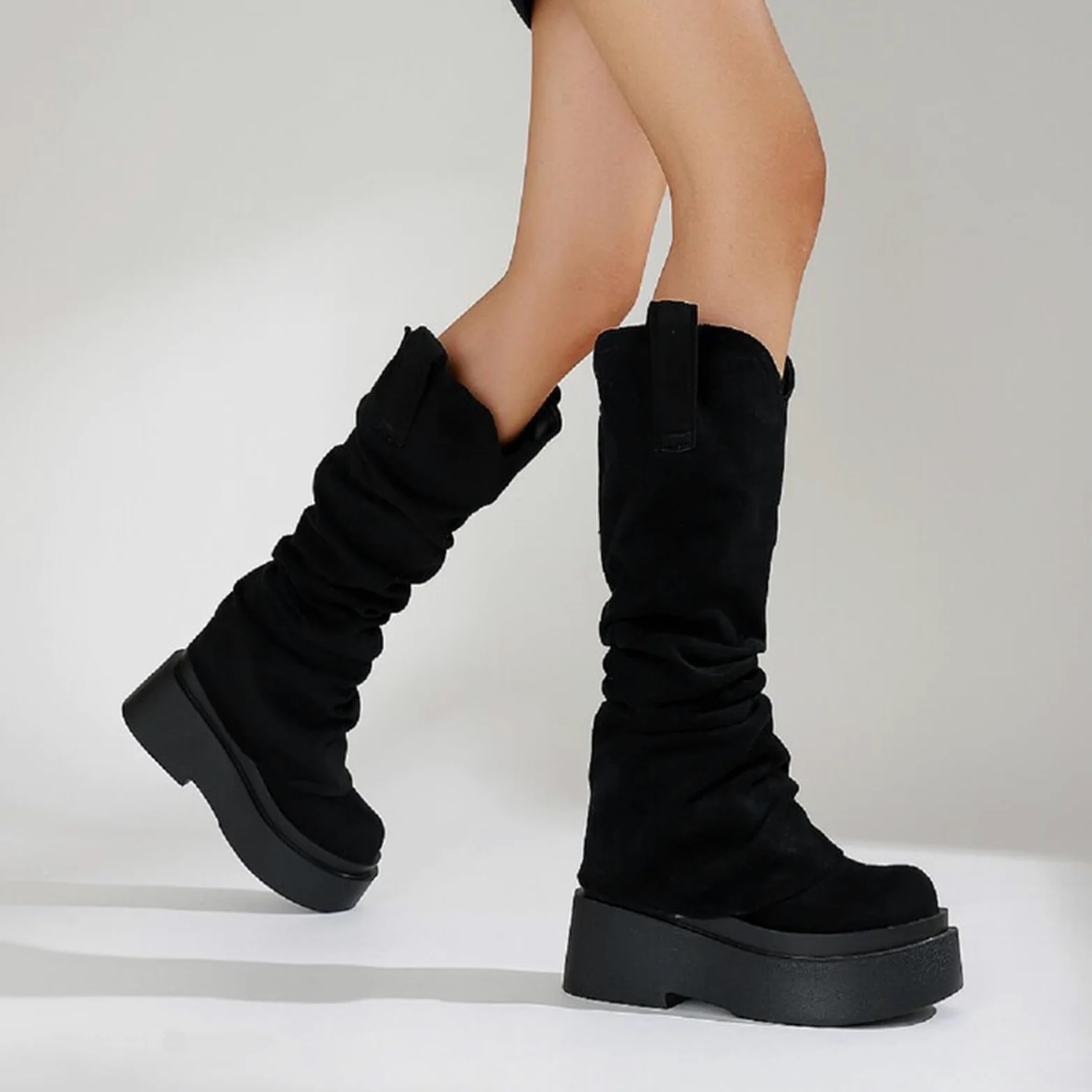 Botas Altas hasta la Rodilla con Plataforma para Mujer, Botas Altas con Punta Redonda, Botas de Media Pantorrilla para otoño e Invierno, Botas Vaqueras Occidentales, Botas de Montar