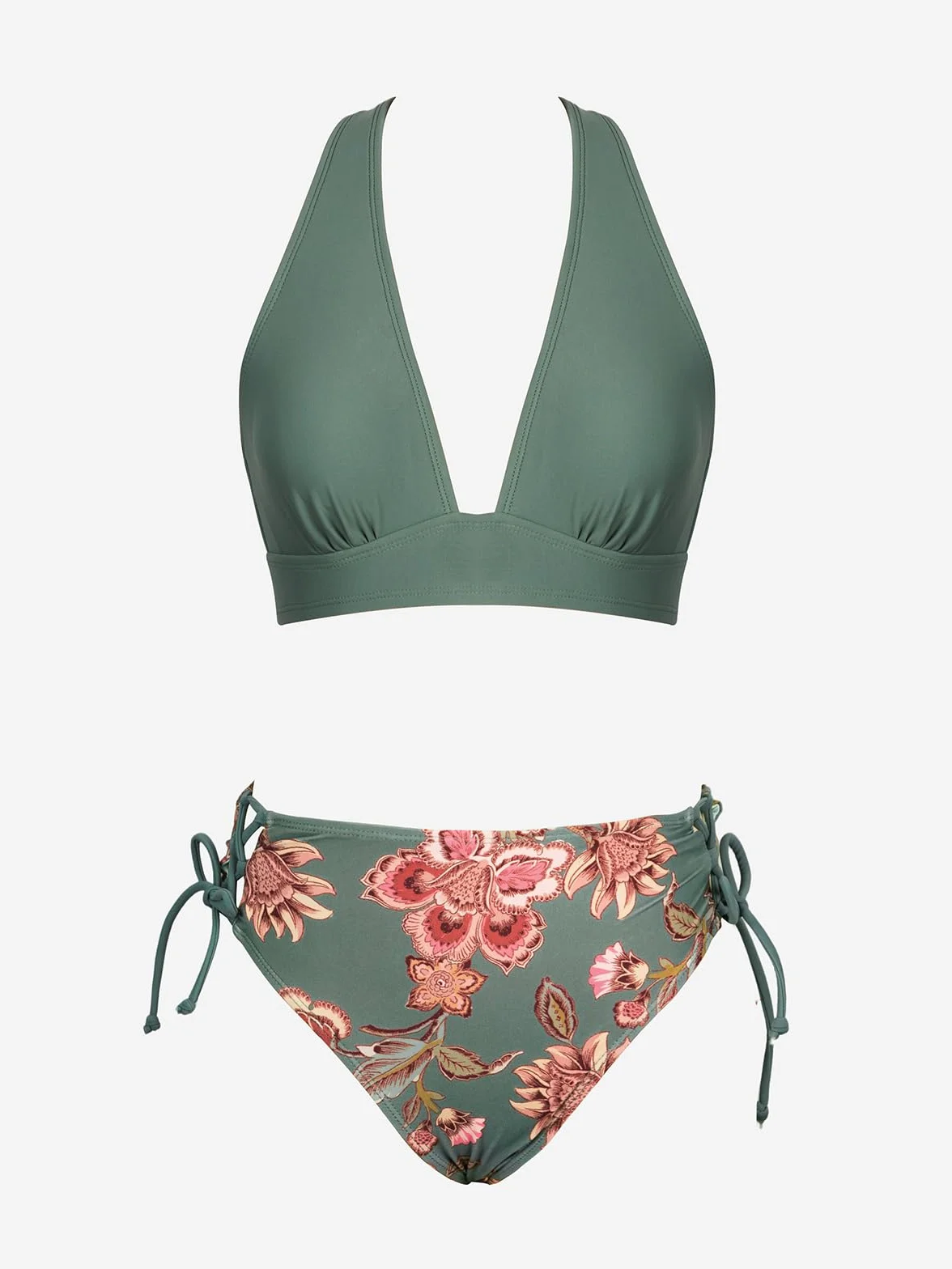 CUPSHE Conjunto de bikini para mujer, traje de baño de dos piezas, cuello en V, parte superior triangular, tirantes anchos, espalda cruzada, cordones y tiro medio