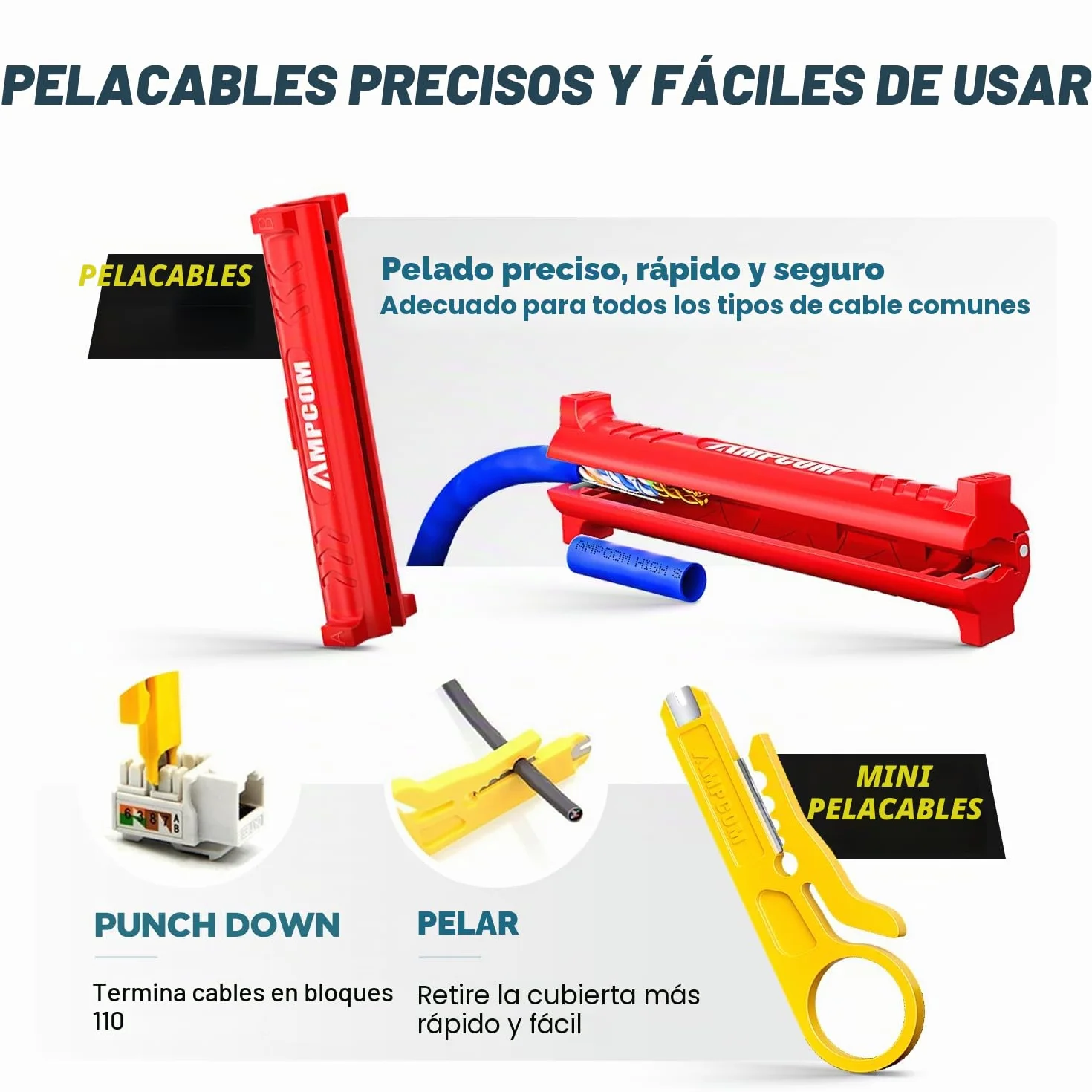 AMP COM 7 en 1 Kit de herramientas RJ45/RJ11 para conectores Cat6/Cat5e/Cat5 y pelacables de perforación 110 en bolsa impermeable