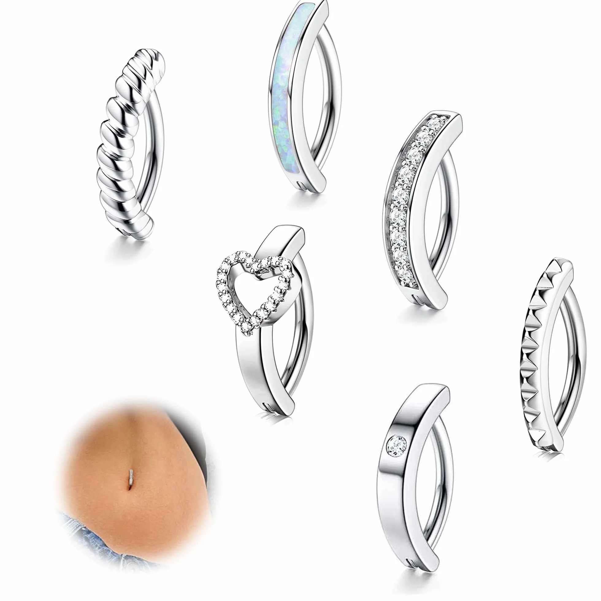 FIOROYAL 6 Piezas 14G Piercing Ombligo Plata Oro Clicker Aro Circonio Ópalo Corazón Curvo Anillos Verano Corporal Joyas
