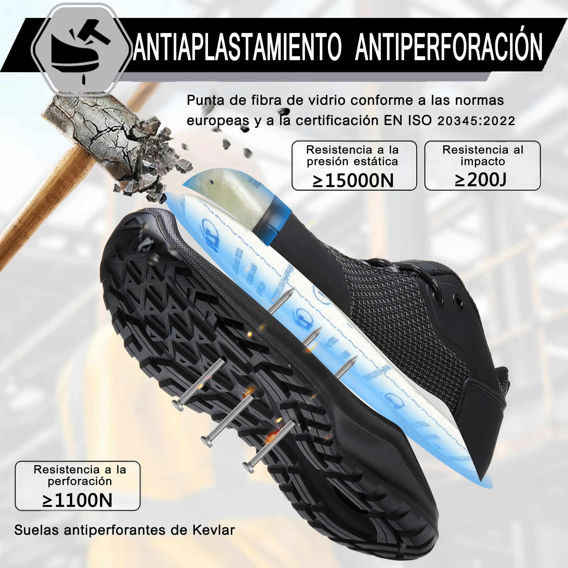 Zapatos de Seguridad para Hombre Mujer S3 ESD Calzado de Seguridad SRC FO | Antideslizante Zapatillas Trabajo Impermeables Zapatos de Trabajo sin Metal Resistente al Calor