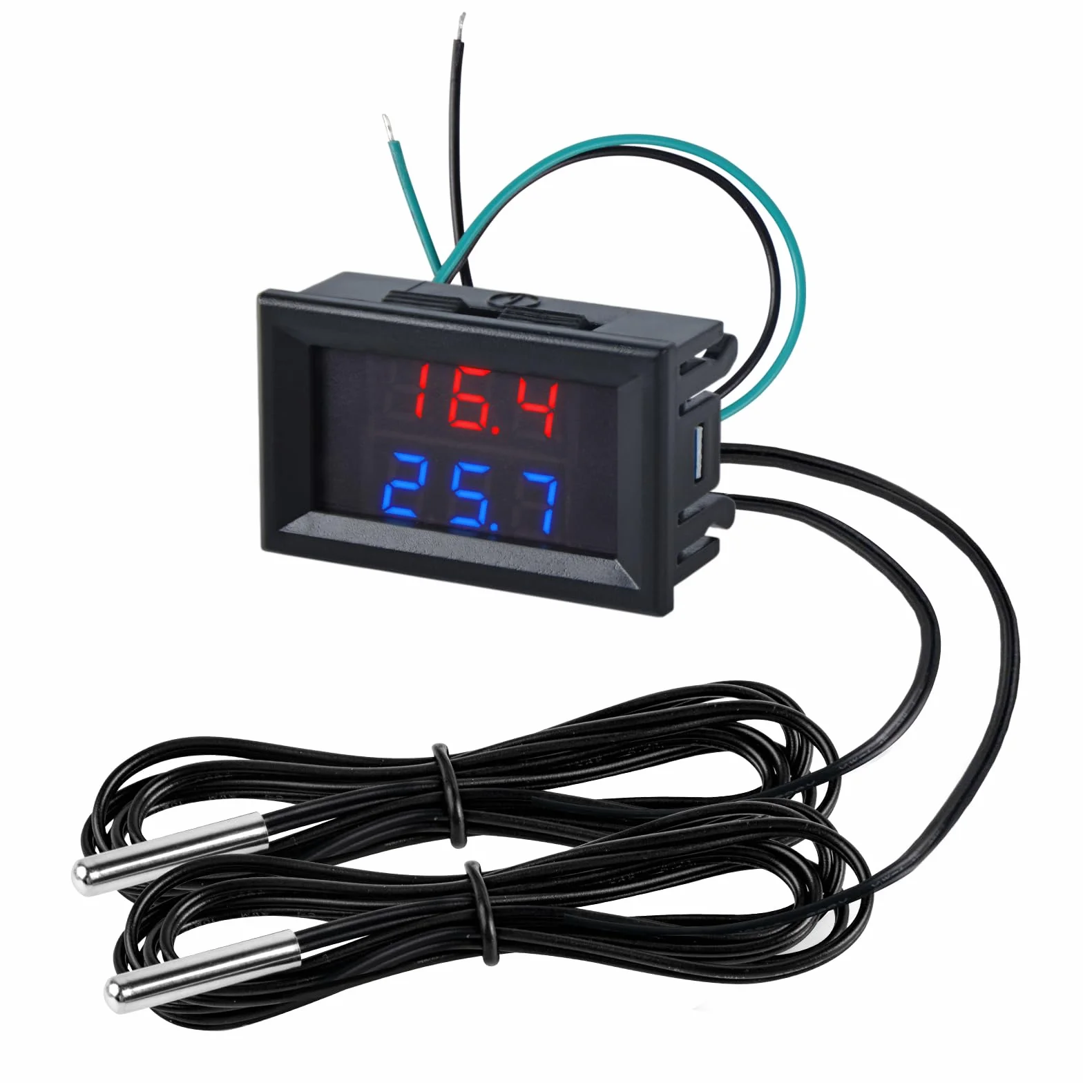 Termómetro Digital Impermeable con 2 Sondas de Metal, DC 4-28V LED Medidor de Temperatura Pantalla Dual -55 a +120°C, Cable 2m Rojo&Azul