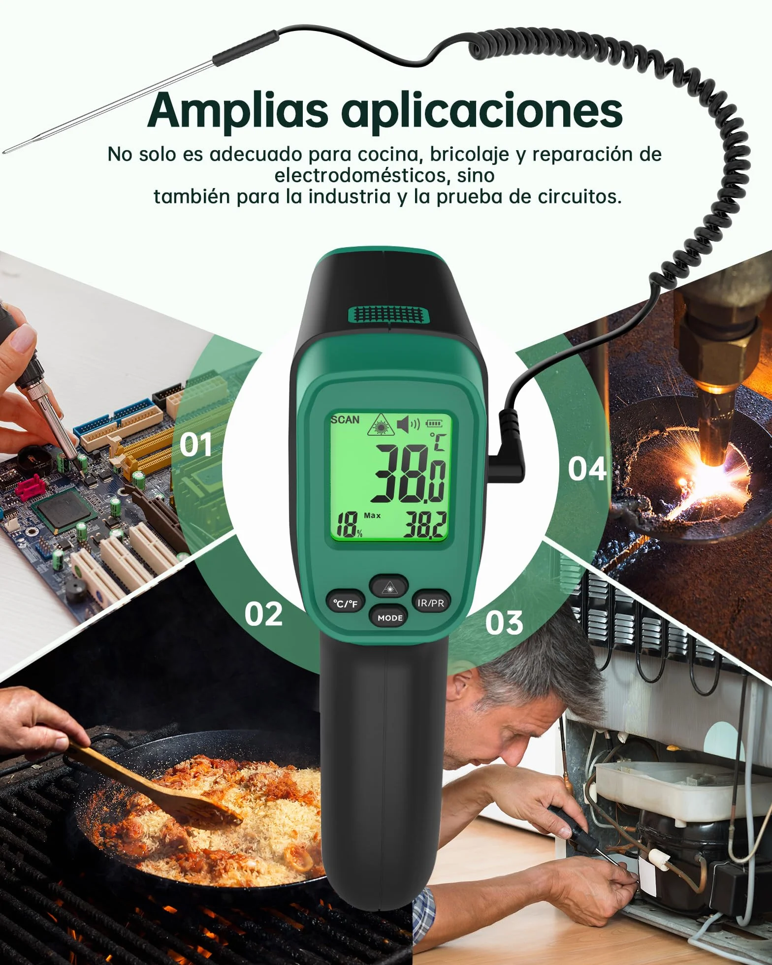 ERICKHILL Termómetro infrarrojo -50°C a 800°C, láser digital sin contacto, sonda de carne -50°C a 300°C, emisividad ajustable